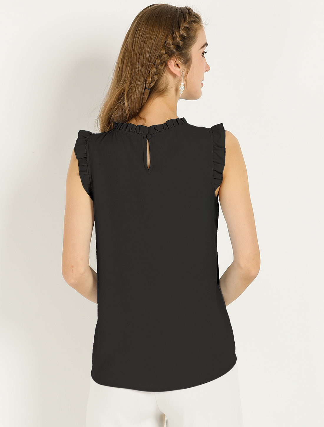 Blusa informal de negocios sin mangas con volantes para mujer (disponible en tallas grandes)