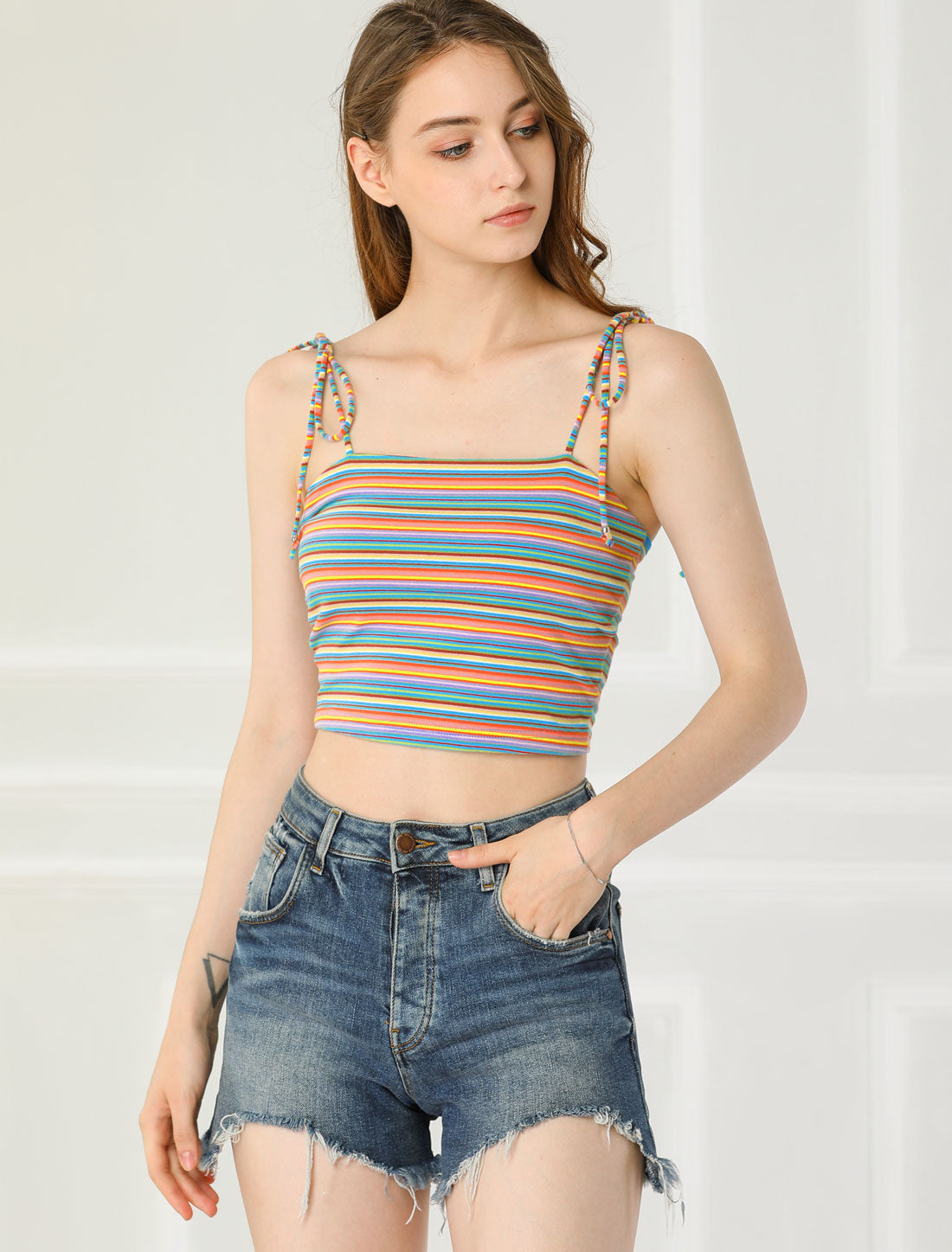 Women's Cami Tube Top Tie Spaghetti Straps Sleeveless Summer Crop Top