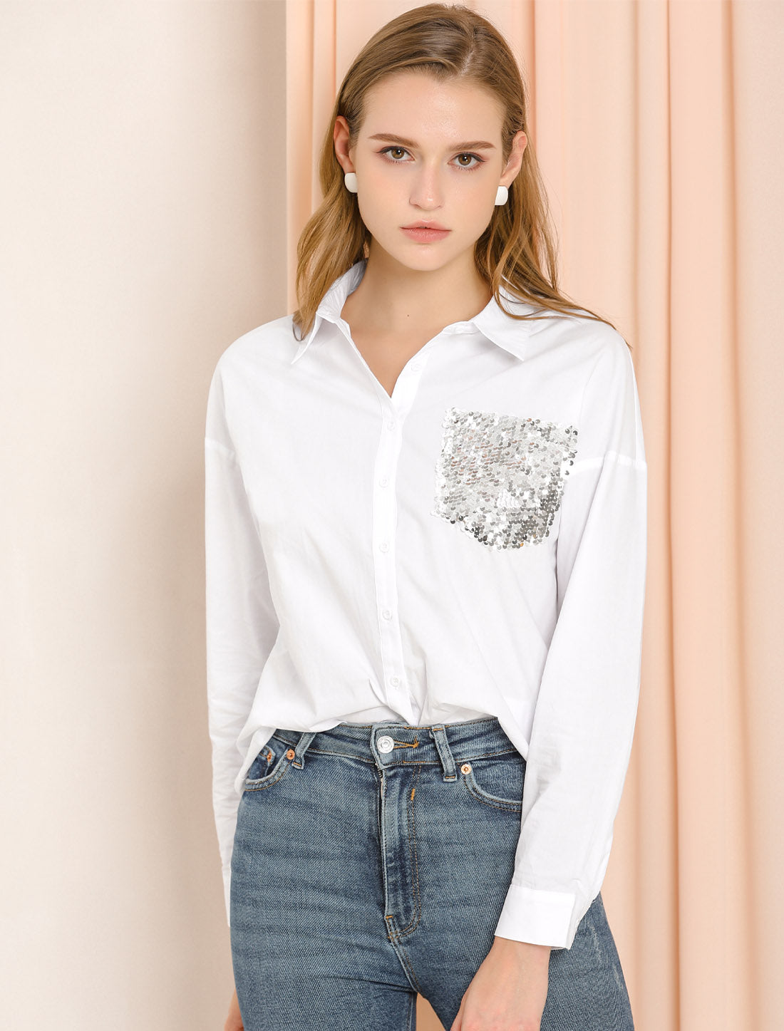 Women's Button Up Casual Collared Drop Shoulder Sequins Pocket Shirt