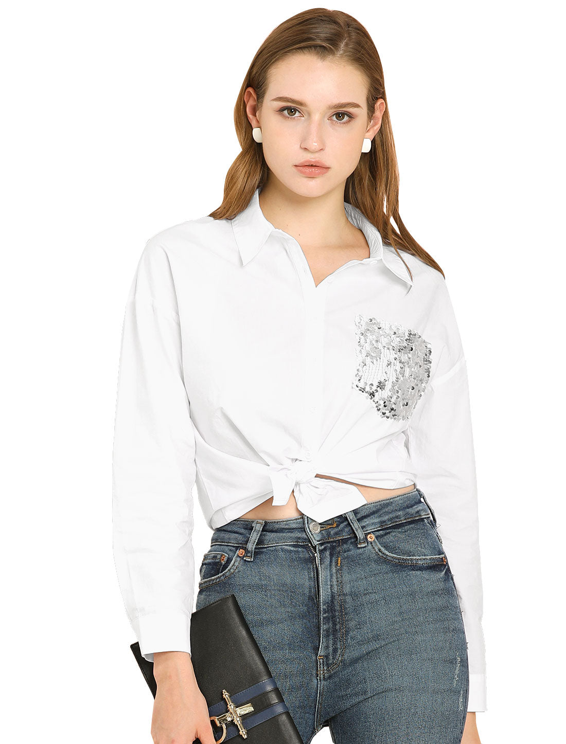 Women's Button Up Casual Collared Drop Shoulder Sequins Pocket Shirt