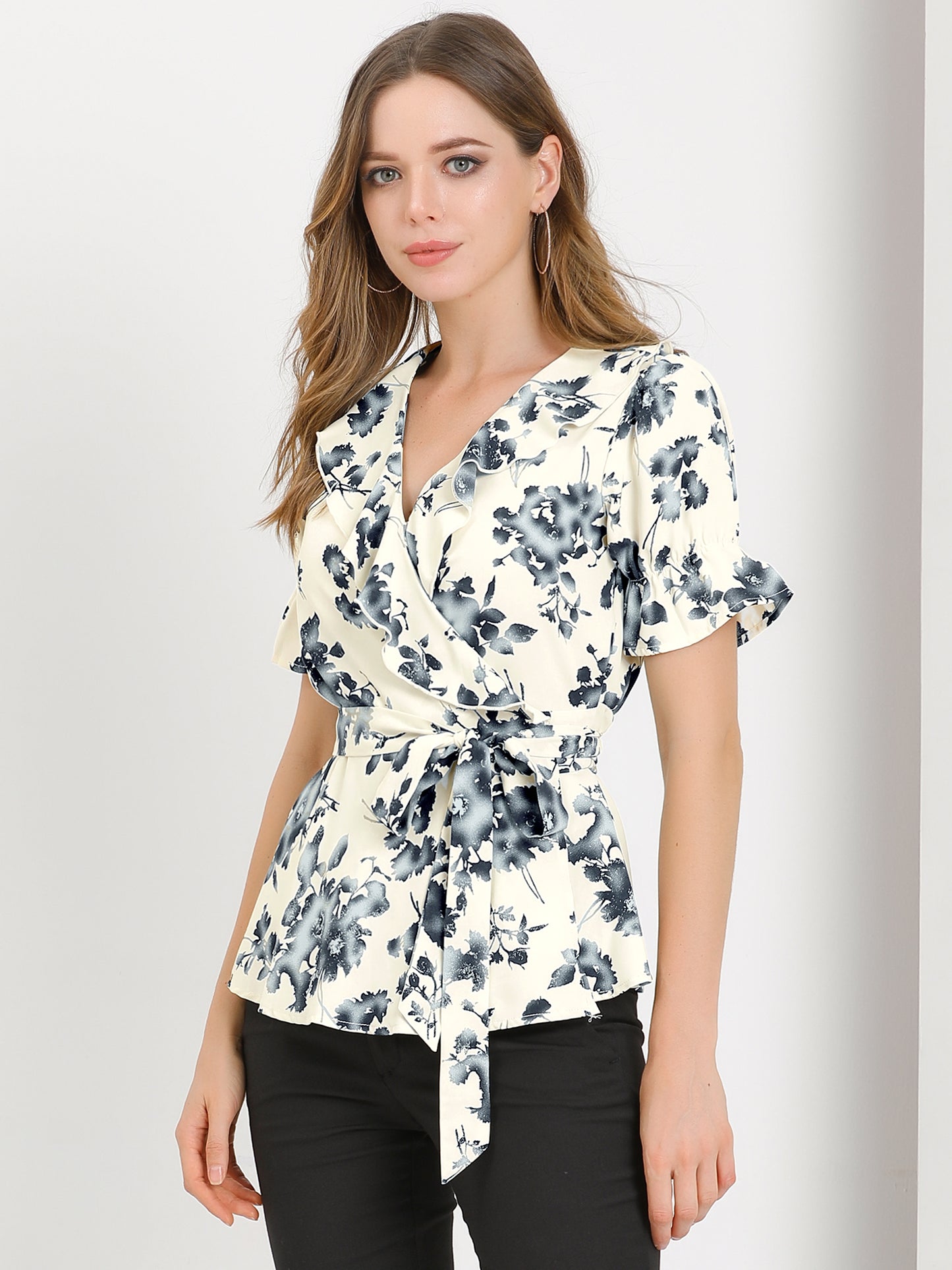 Women's Wrap Blouse Floral Short Sleeve Ruffle V Neck Belted Peplum Top (Available in Plus Size)