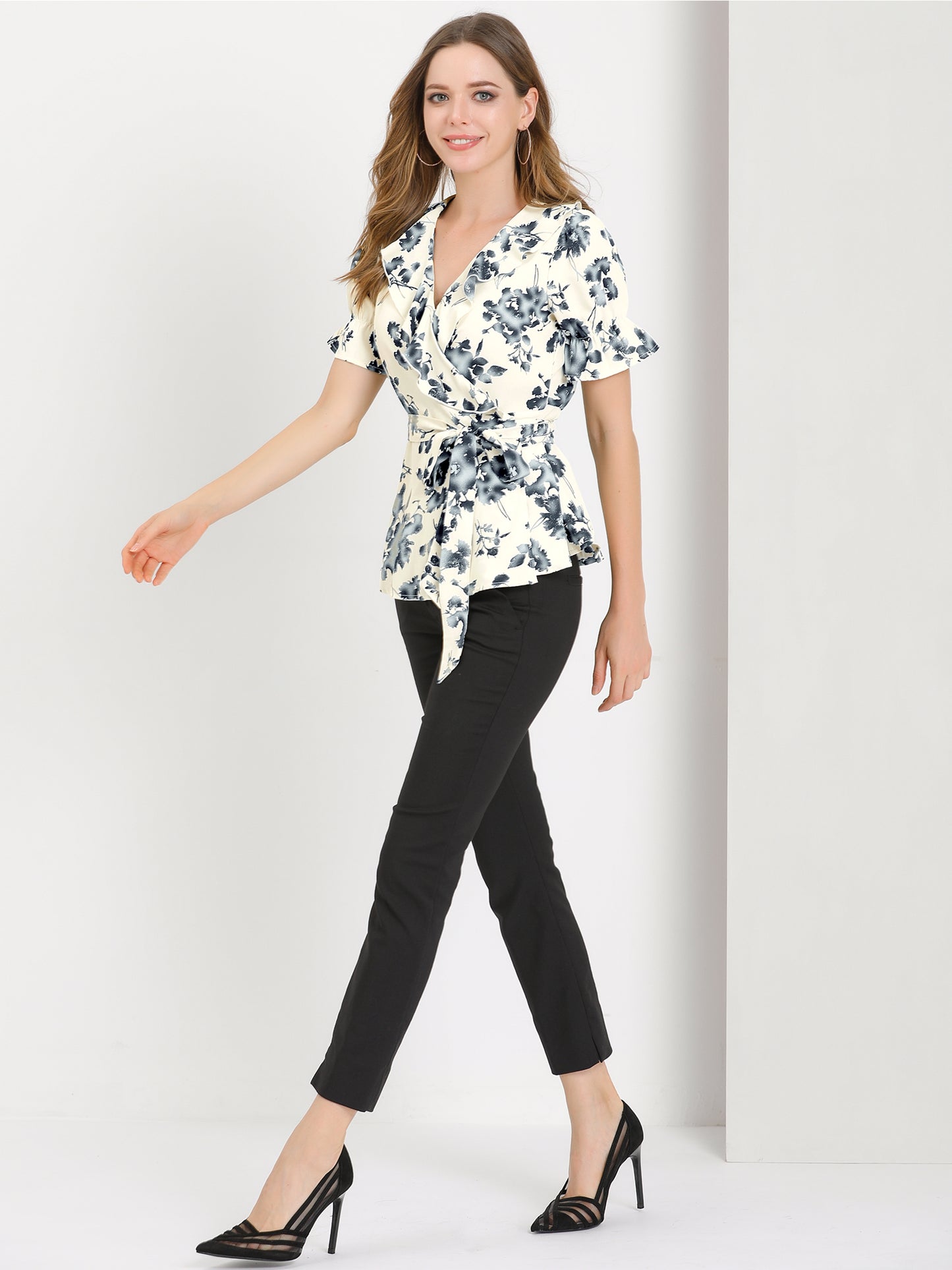 Women's Wrap Blouse Floral Short Sleeve Ruffle V Neck Belted Peplum Top (Available in Plus Size)