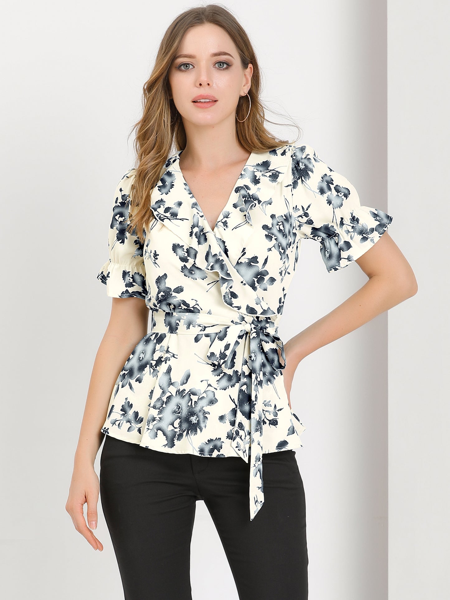Women's Wrap Blouse Floral Short Sleeve Ruffle V Neck Belted Peplum Top (Available in Plus Size)