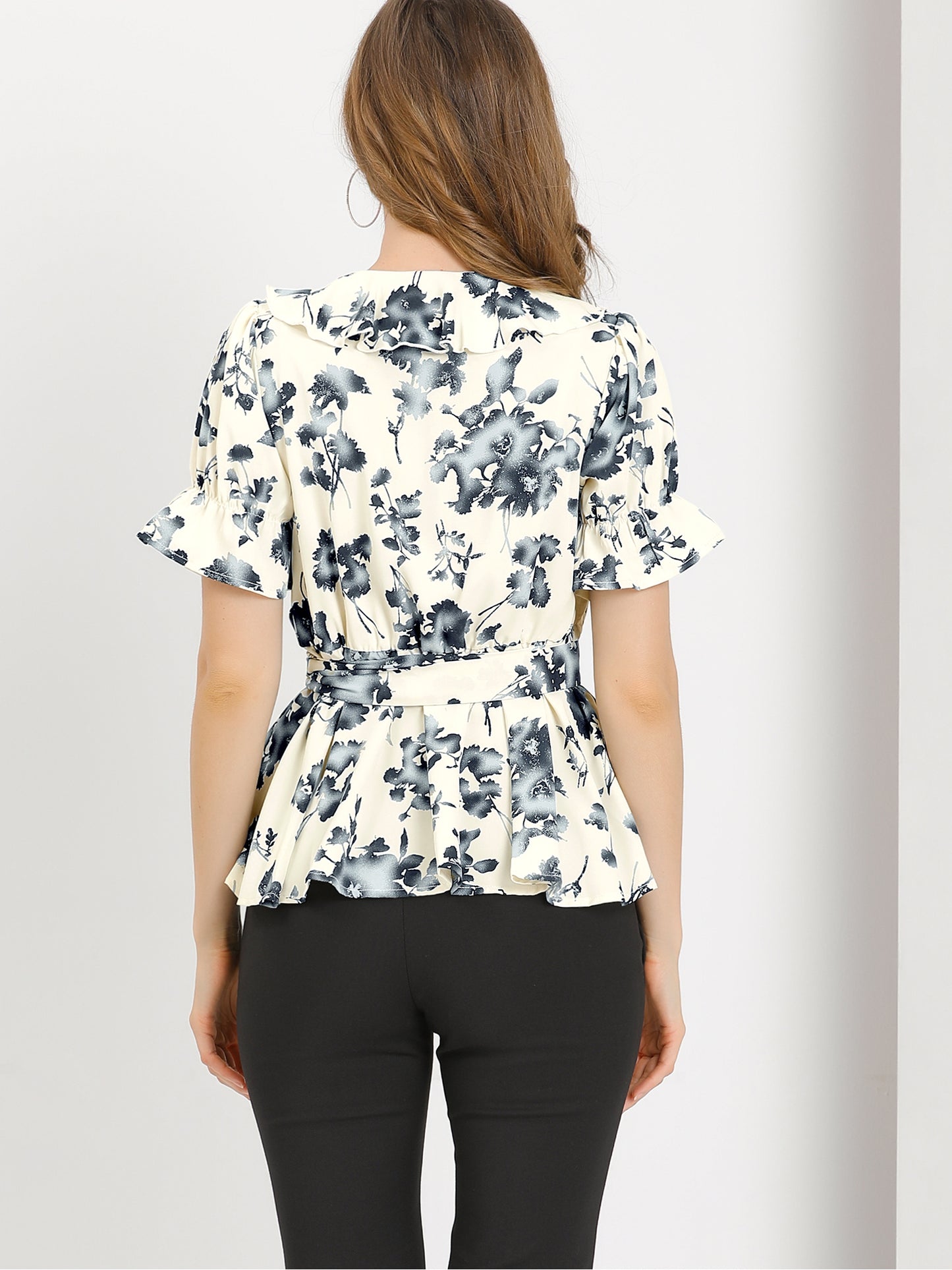 Women's Wrap Blouse Floral Short Sleeve Ruffle V Neck Belted Peplum Top (Available in Plus Size)
