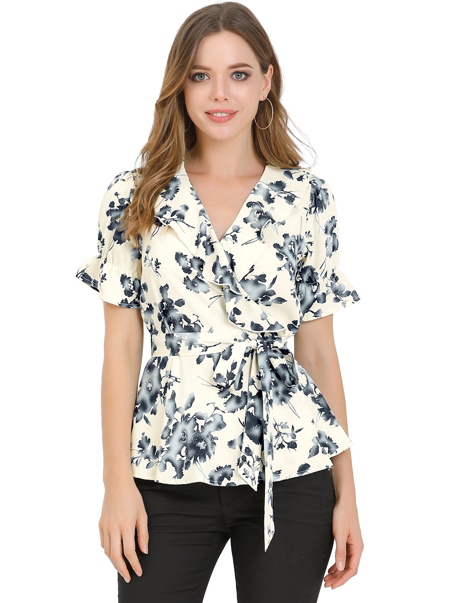 Women's Wrap Blouse Floral Short Sleeve Ruffle V Neck Belted Peplum Top (Available in Plus Size)