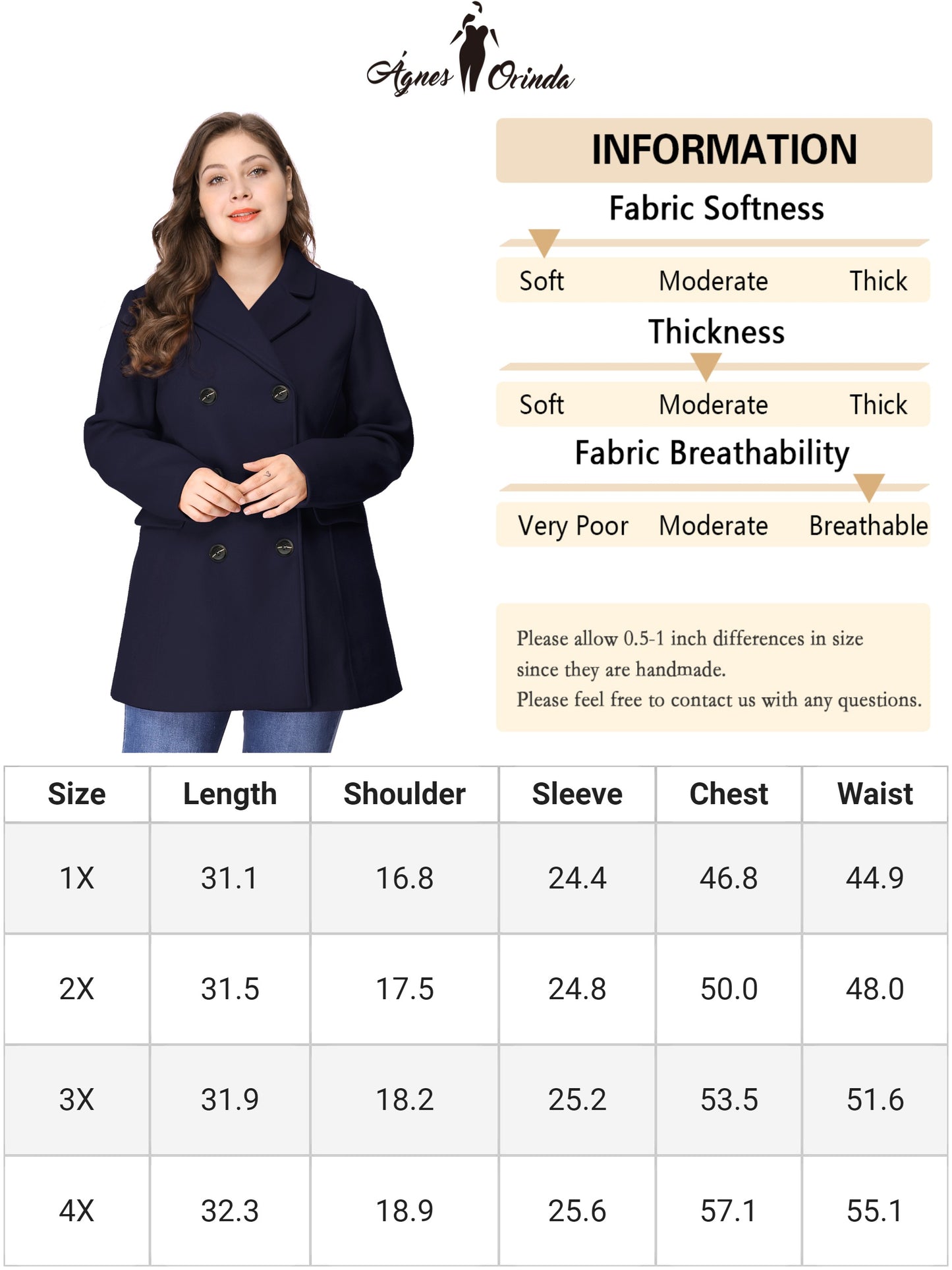 Women's Plus Size Notched Lapel Double Breasted Coat