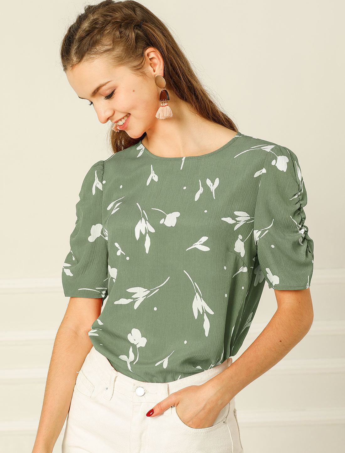 Women's Floral Crew Neck Summer Shirred Short Sleeve Blouse
