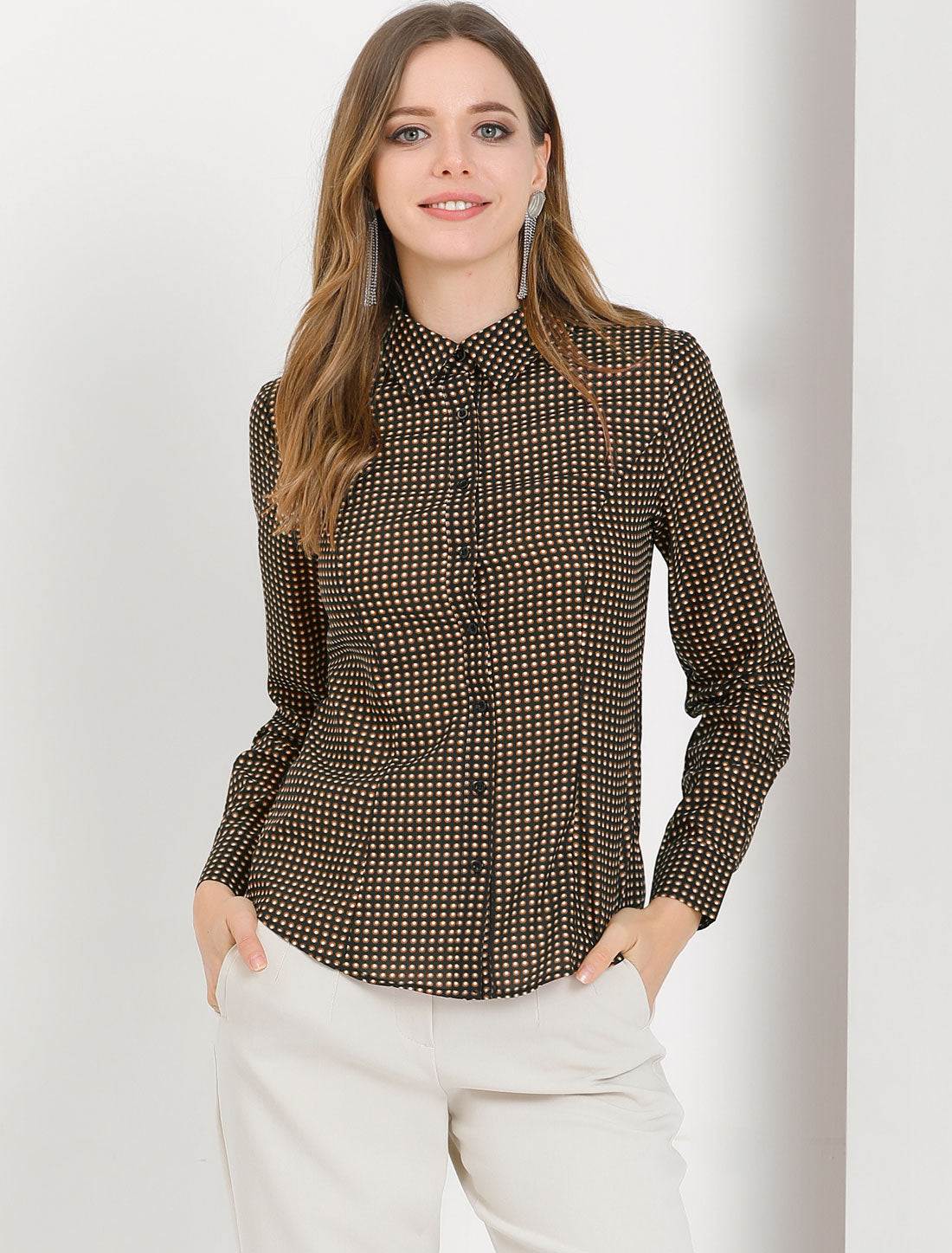 Women's Office Work Point Collar Polka Dots Printed Button Down Shirt