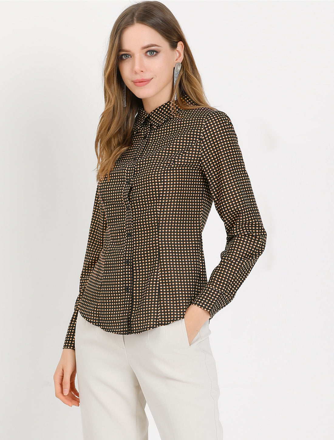 Women's Office Work Point Collar Polka Dots Printed Button Down Shirt