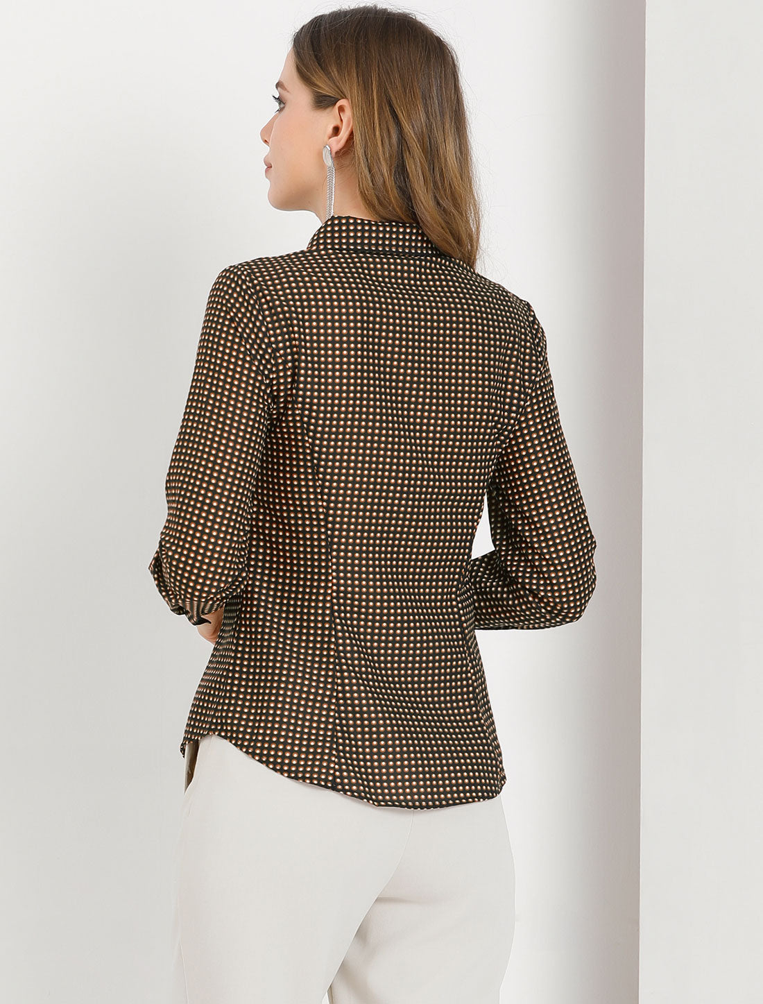 Women's Office Work Point Collar Polka Dots Printed Button Down Shirt