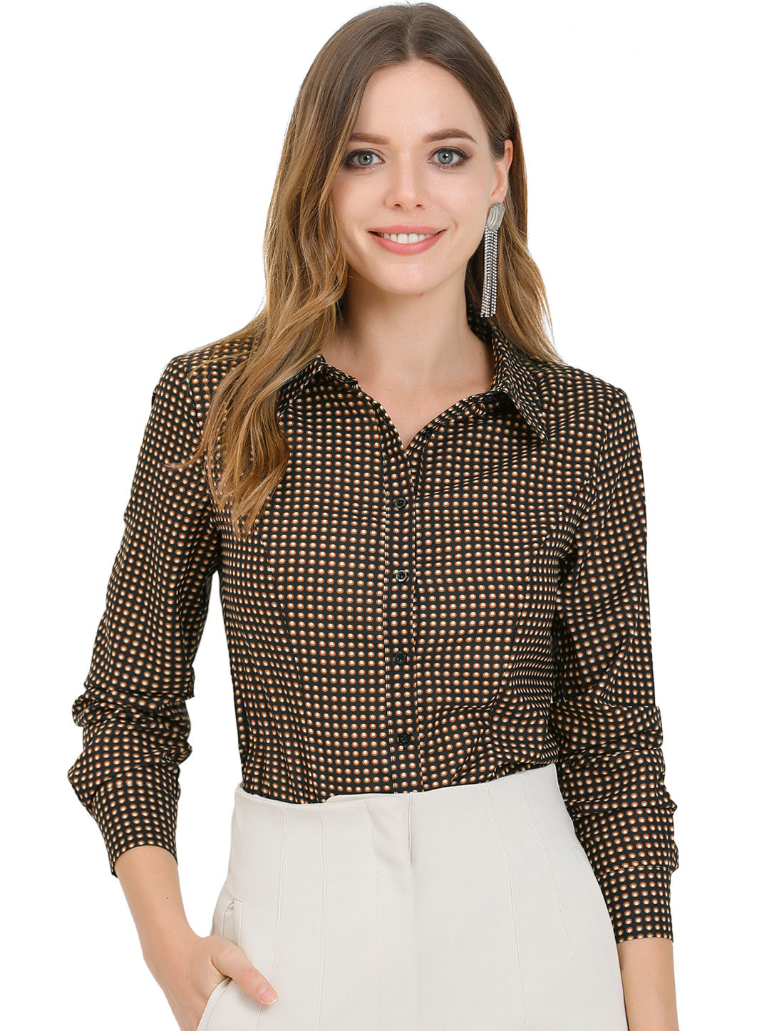 Women's Office Work Point Collar Polka Dots Printed Button Down Shirt