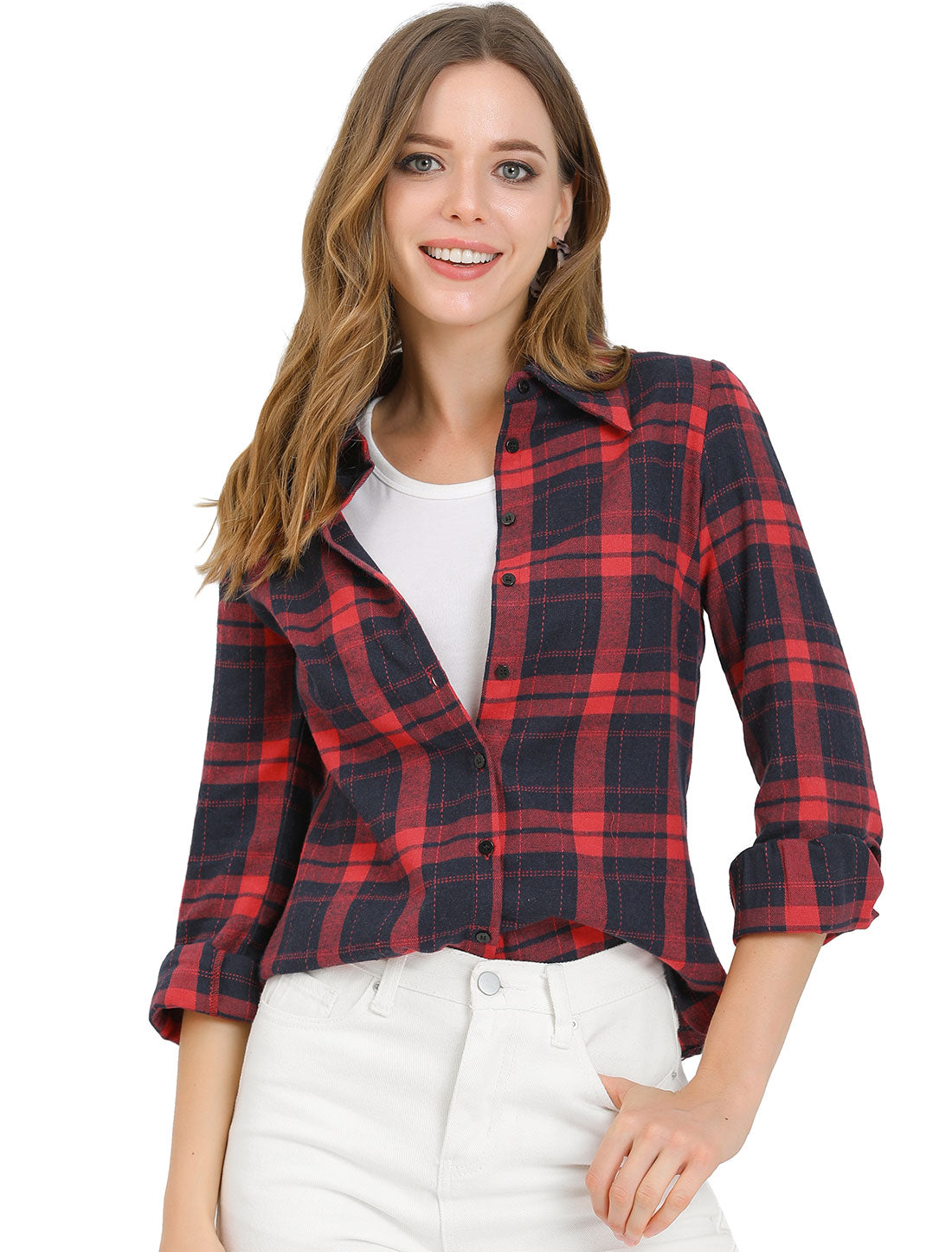 Women's Classic Long Sleeve Button Down Collared Casual Plaid Shirt