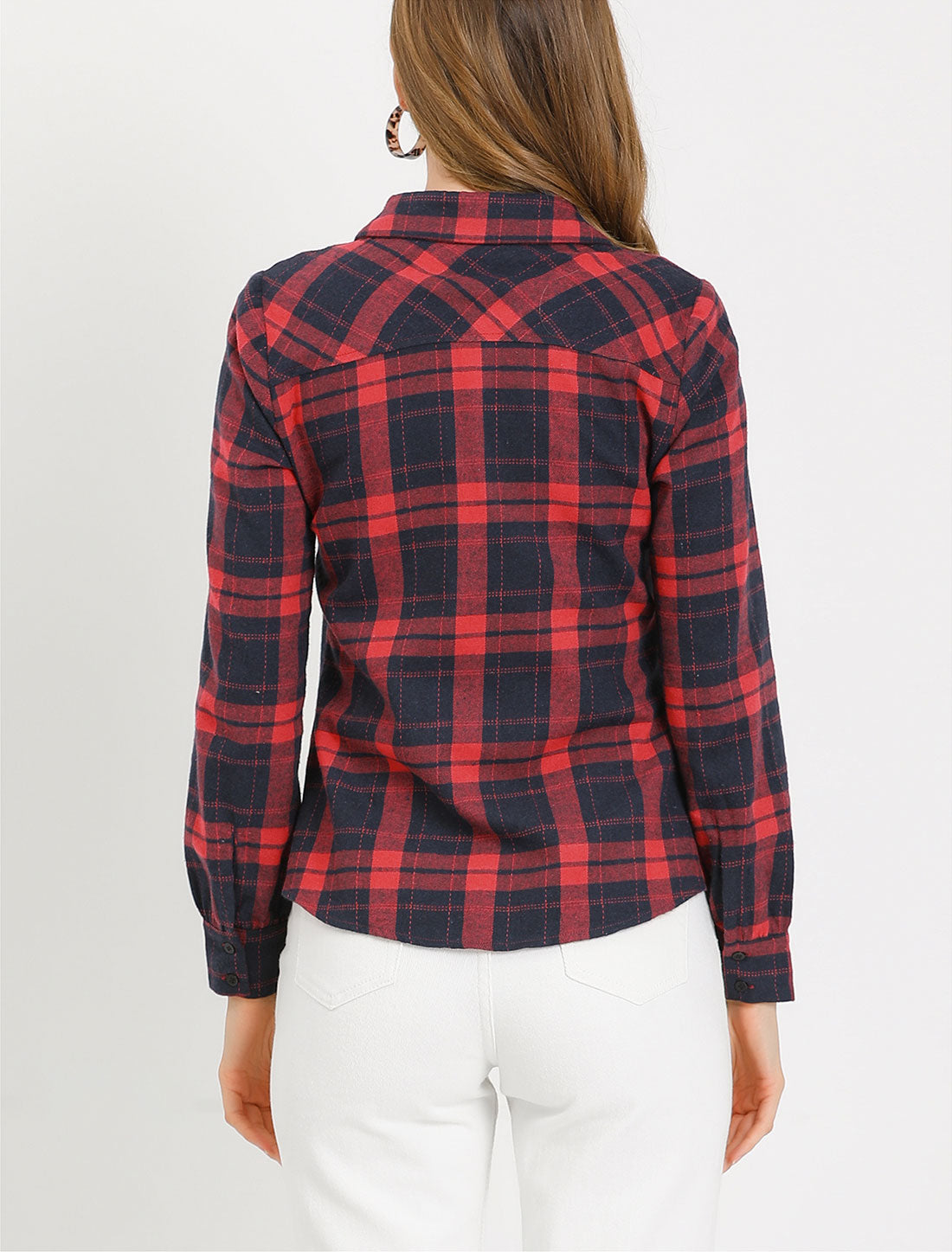 Women's Classic Long Sleeve Button Down Collared Casual Plaid Shirt