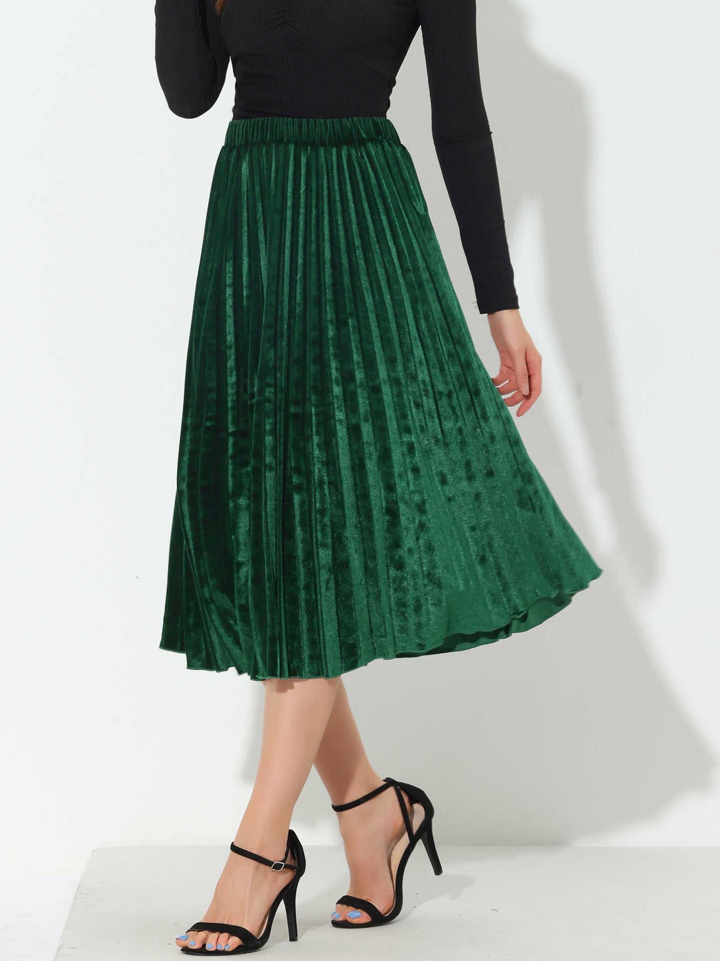 Women's Fall Winter Elastic High Waist Flowy Swing Holiday Velvet Pleated Midi Skirt