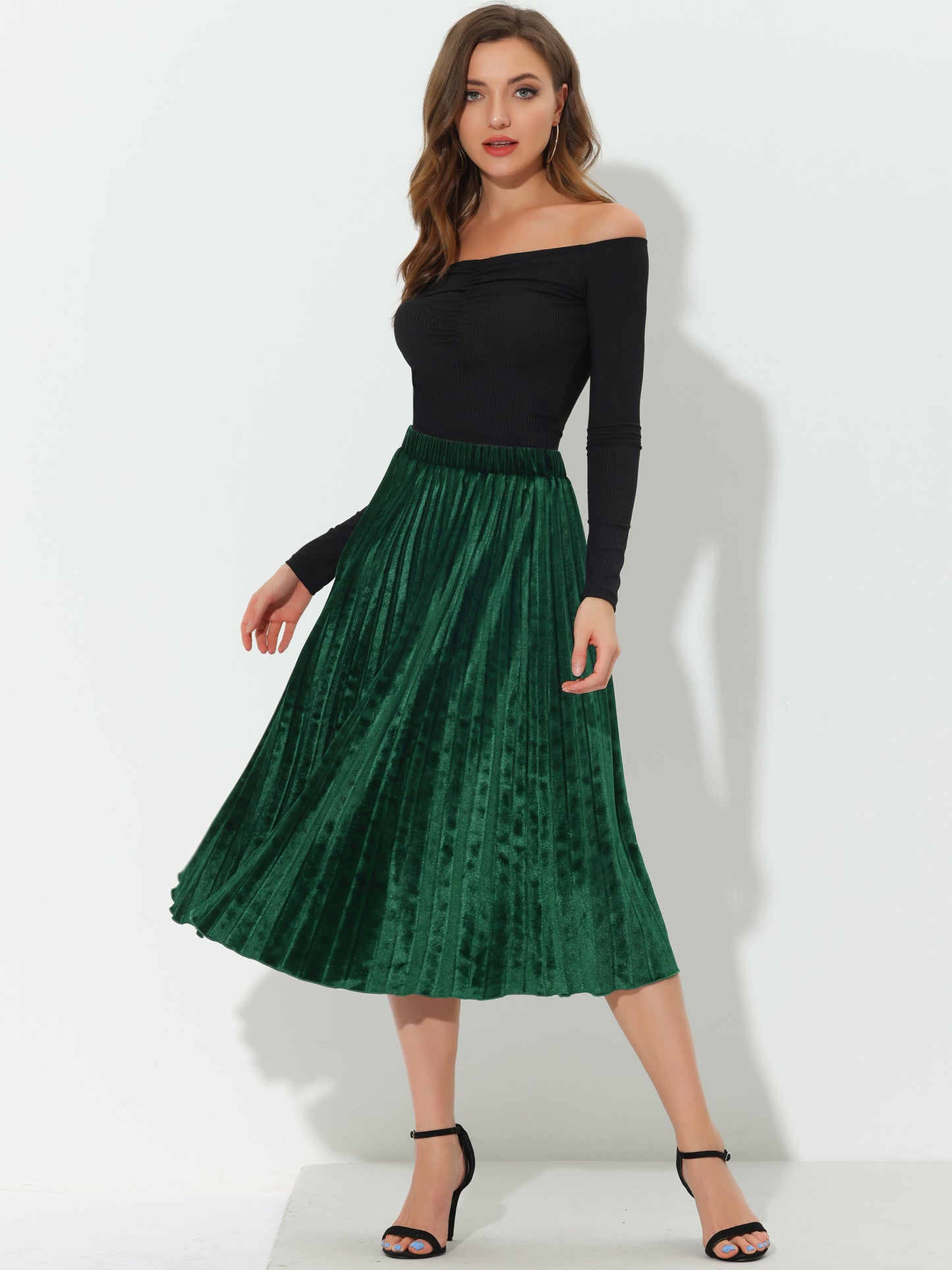 Women's Fall Winter Elastic High Waist Flowy Swing Holiday Velvet Pleated Midi Skirt