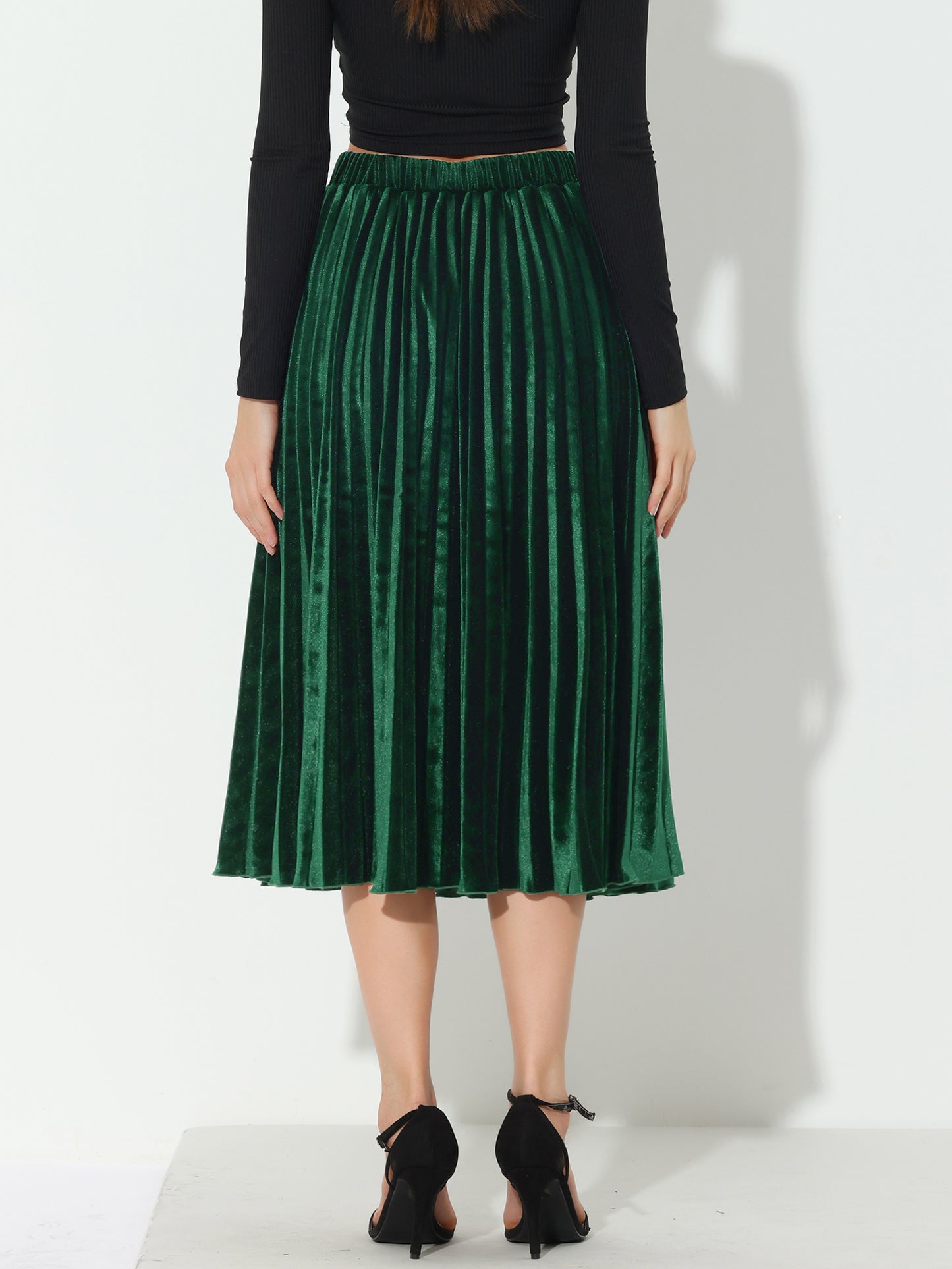 Women's Fall Winter Elastic High Waist Flowy Swing Holiday Velvet Pleated Midi Skirt