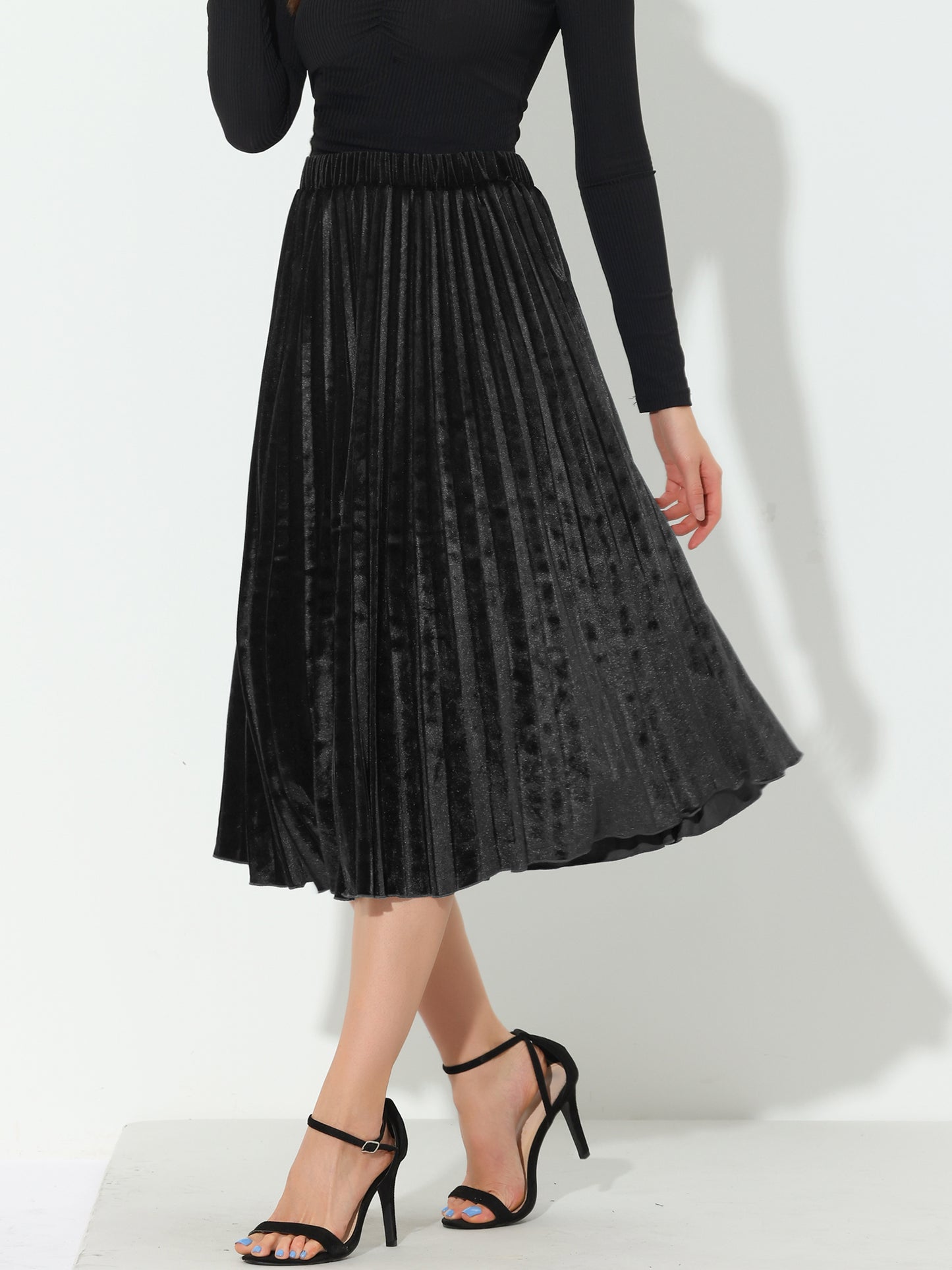 Women's Fall Winter Elastic High Waist Flowy Swing Holiday Velvet Pleated Midi Skirt