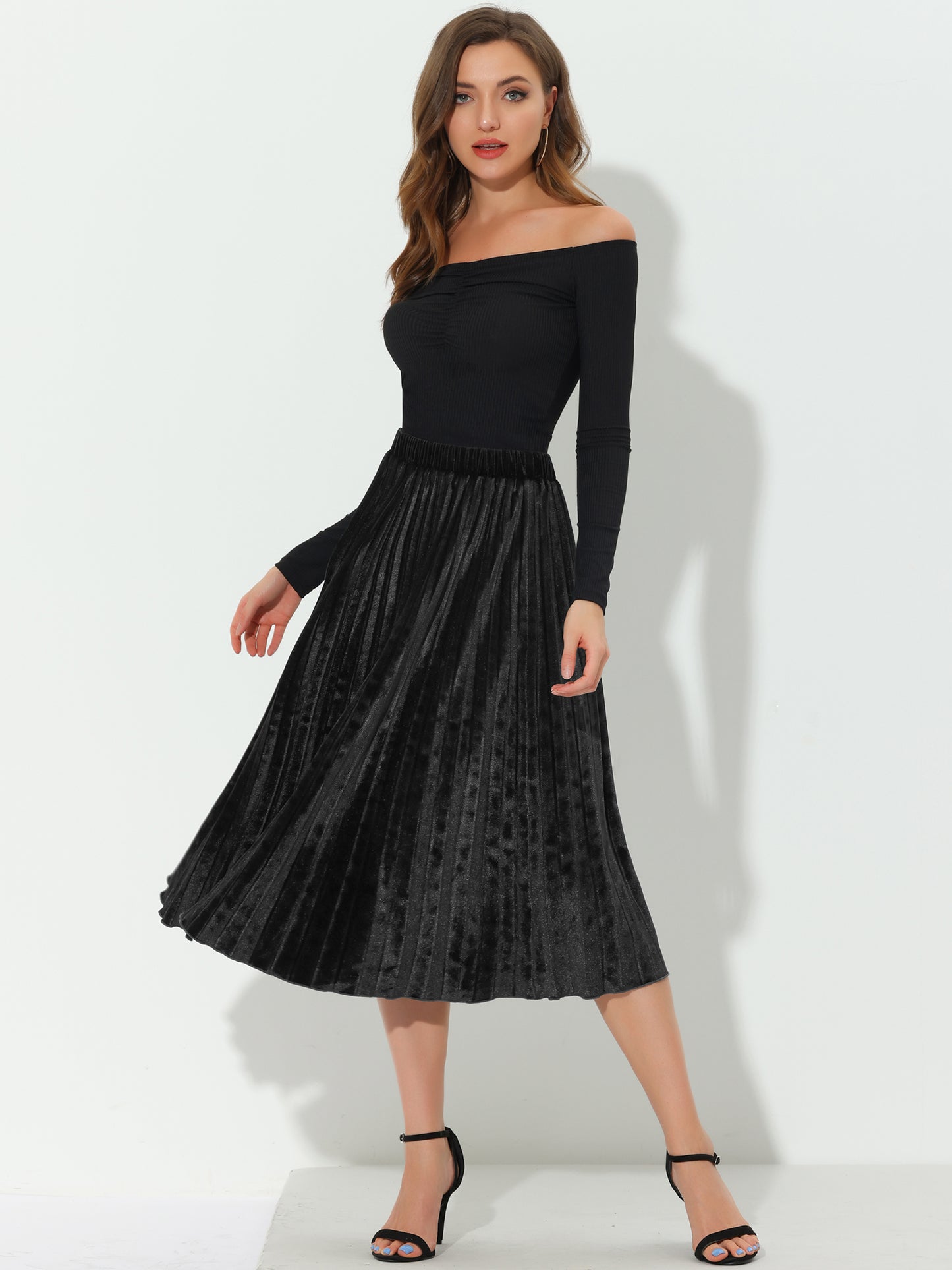 Women's Fall Winter Elastic High Waist Flowy Swing Holiday Velvet Pleated Midi Skirt