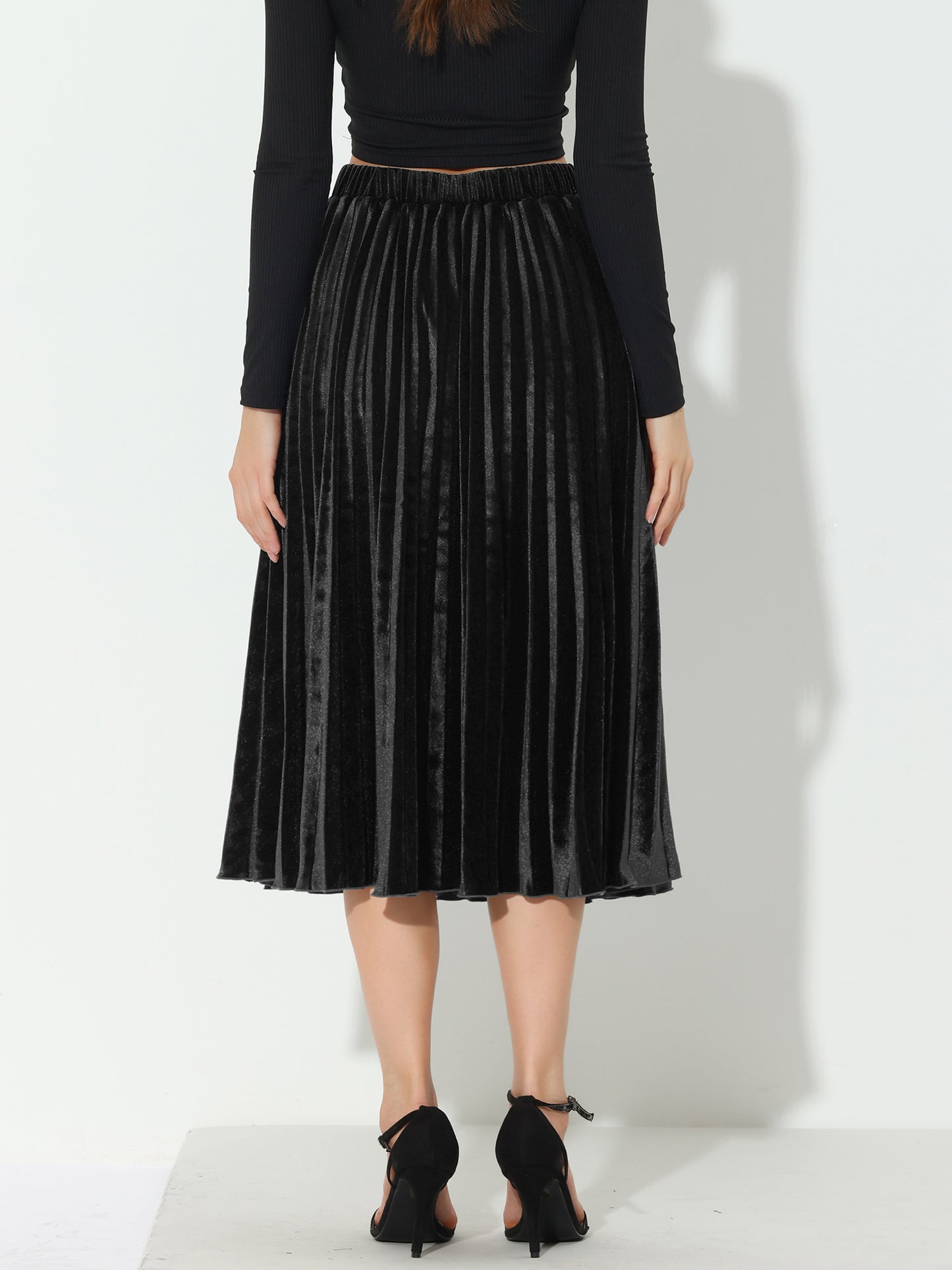 Women's Fall Winter Elastic High Waist Flowy Swing Holiday Velvet Pleated Midi Skirt