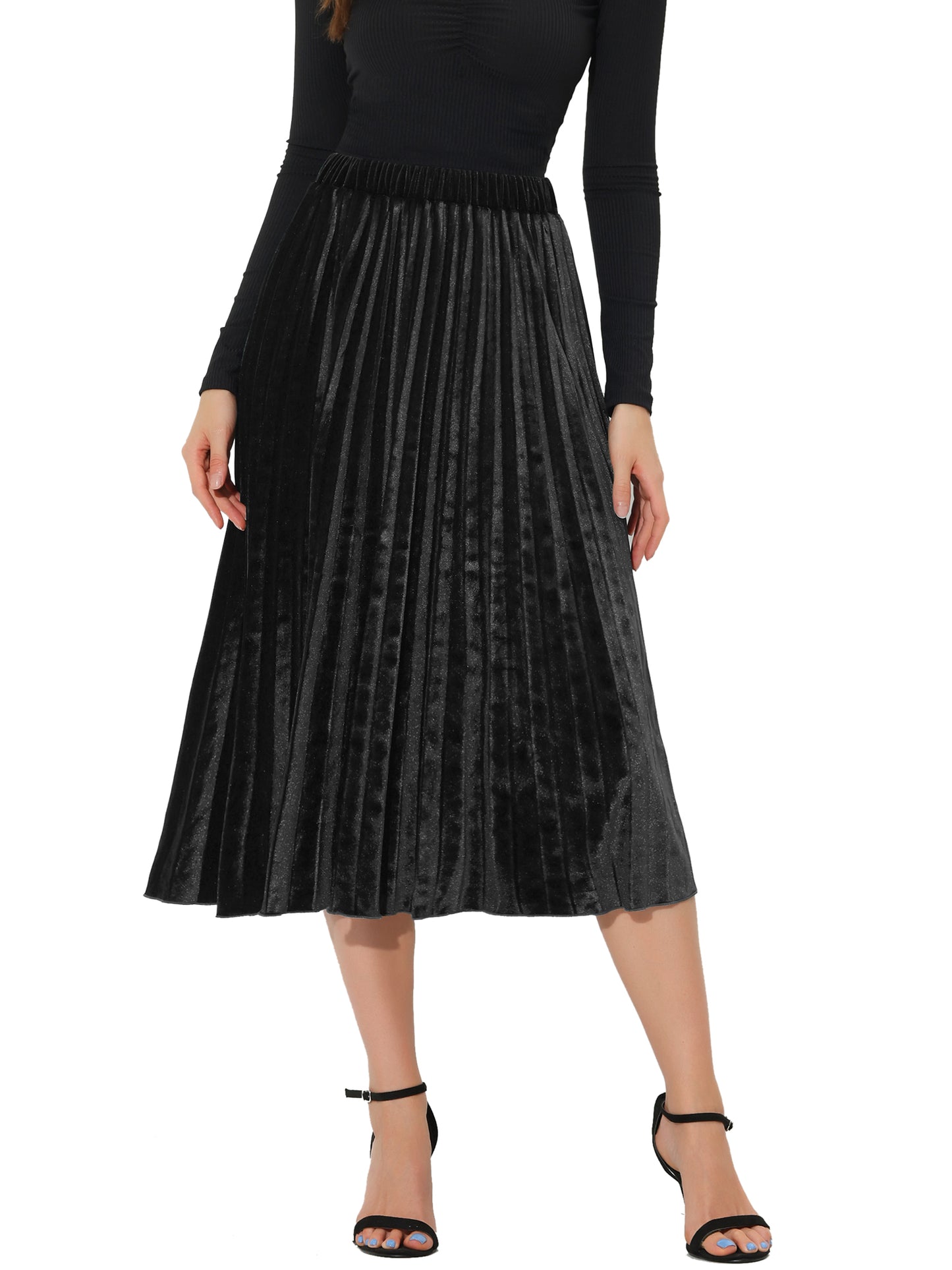 Women's Fall Winter Elastic High Waist Flowy Swing Holiday Velvet Pleated Midi Skirt