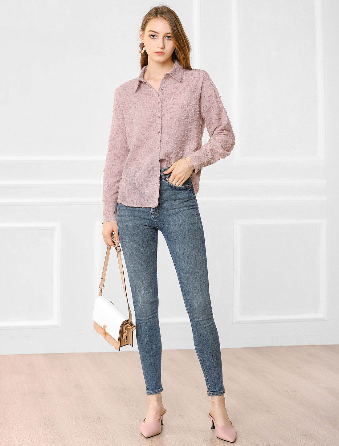 Women's Floral Textured Point Collar Button Down Shirt