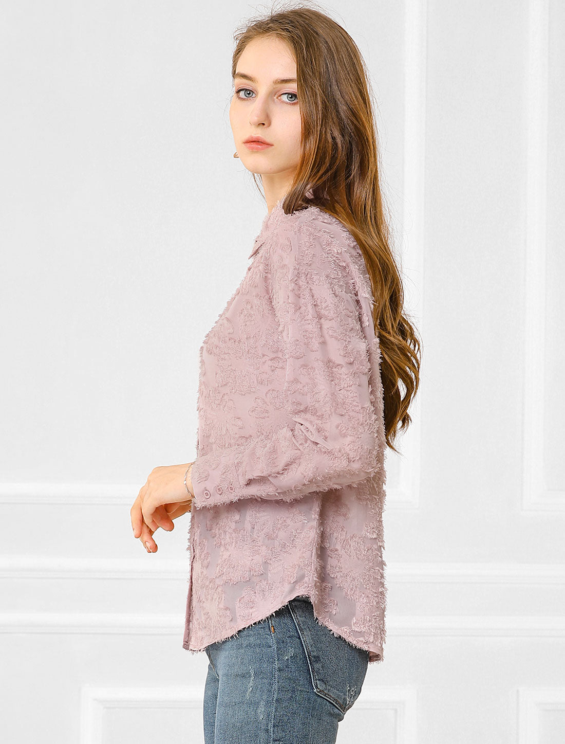 Women's Floral Textured Point Collar Button Down Shirt