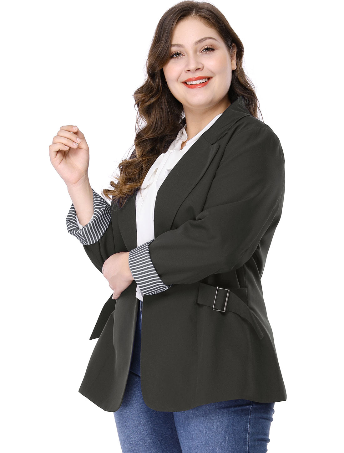 Women's Plus Size Contrast Stripe Cuff Notched Lapel Casual Blazers Jacket