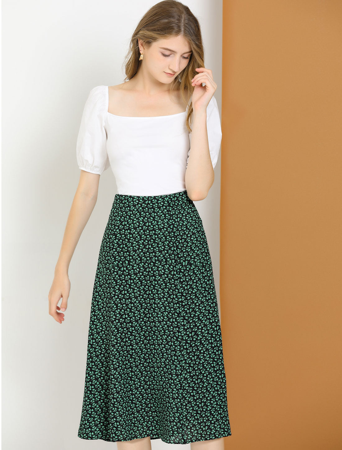 Falda midi floral para mujer, cintura elástica, corte A, estampado de florecitas