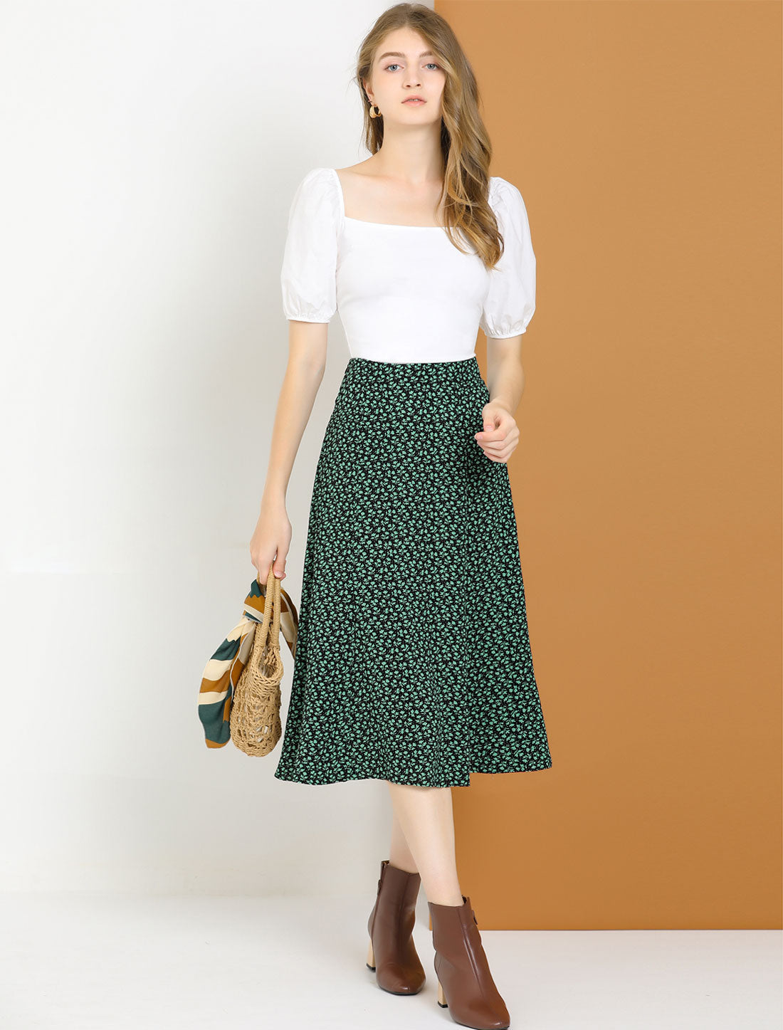 Falda midi floral para mujer, cintura elástica, corte A, estampado de florecitas