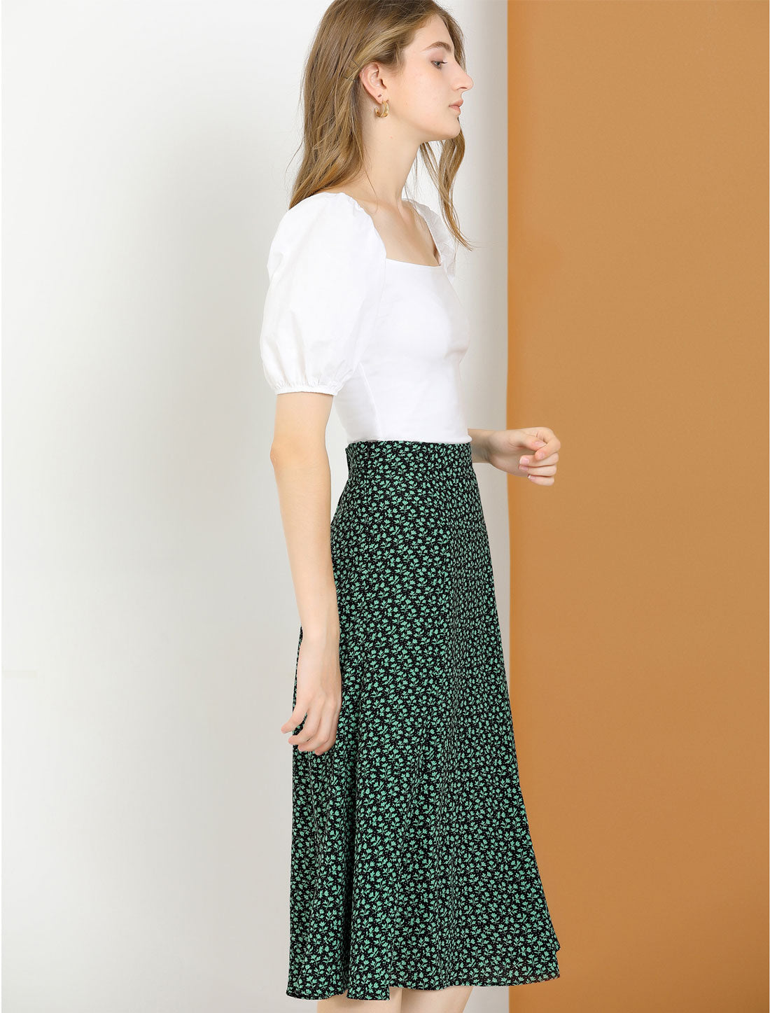 Falda midi floral para mujer, cintura elástica, corte A, estampado de florecitas
