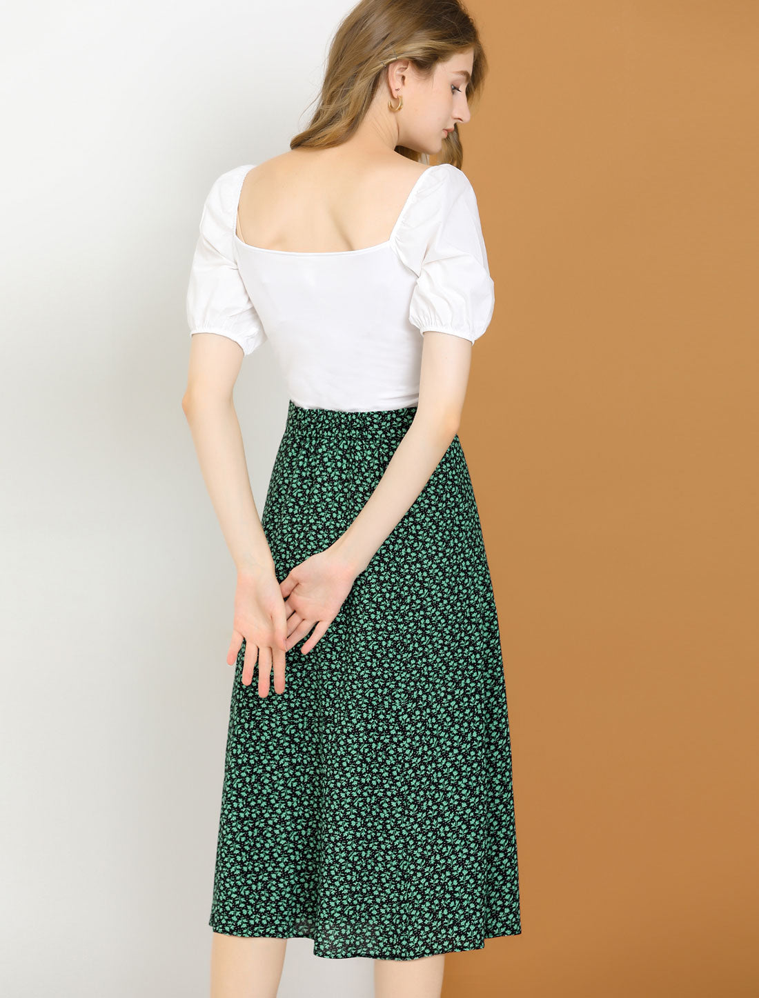 Falda midi floral para mujer, cintura elástica, corte A, estampado de florecitas