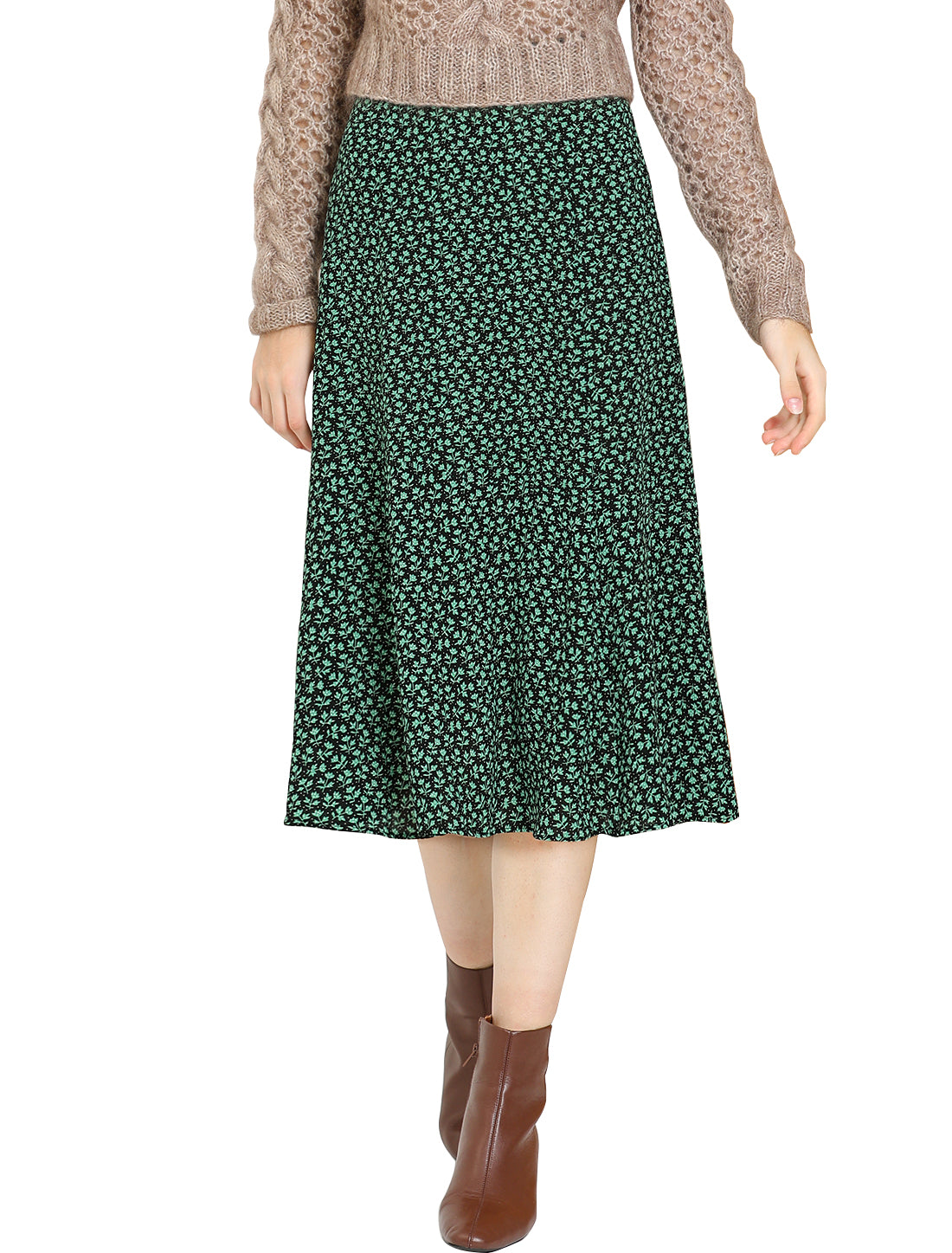 Falda midi floral para mujer, cintura elástica, corte A, estampado de florecitas