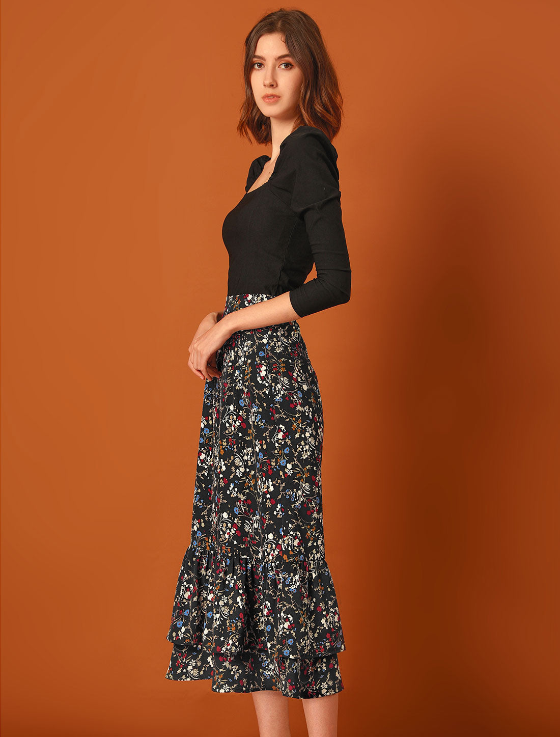 Women's Printed Skirt Summer Chiffon Ruffle Tiered Flowy Midi Skirt