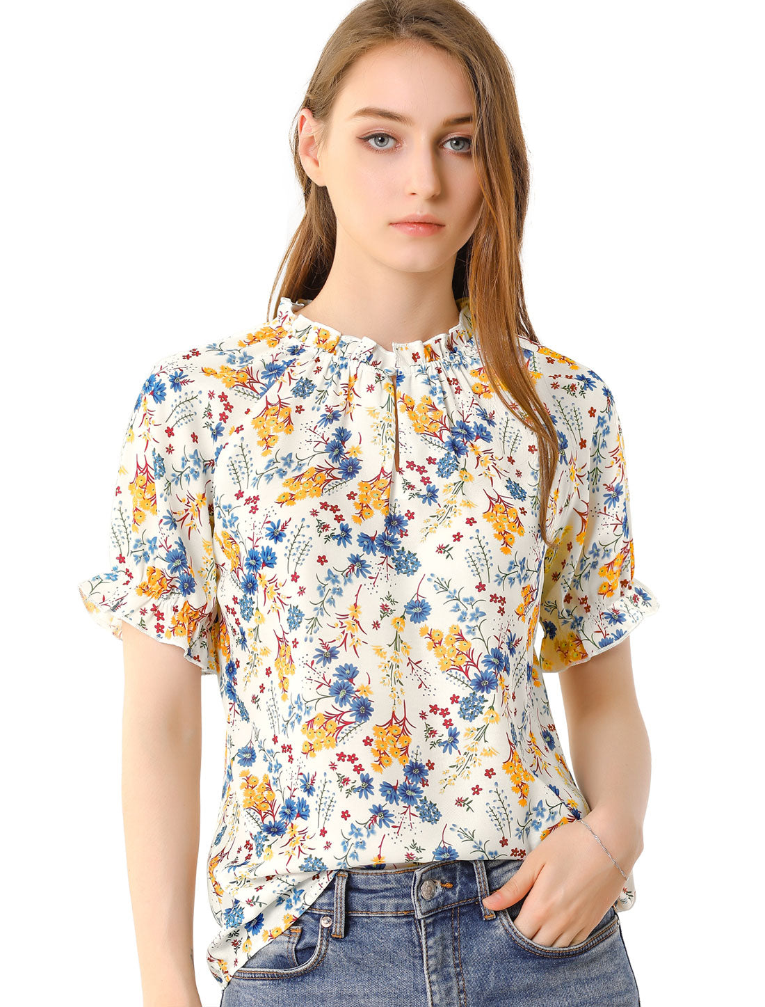Blusa informal de verano de manga corta con cuello alto y estampado floral con volantes para mujer