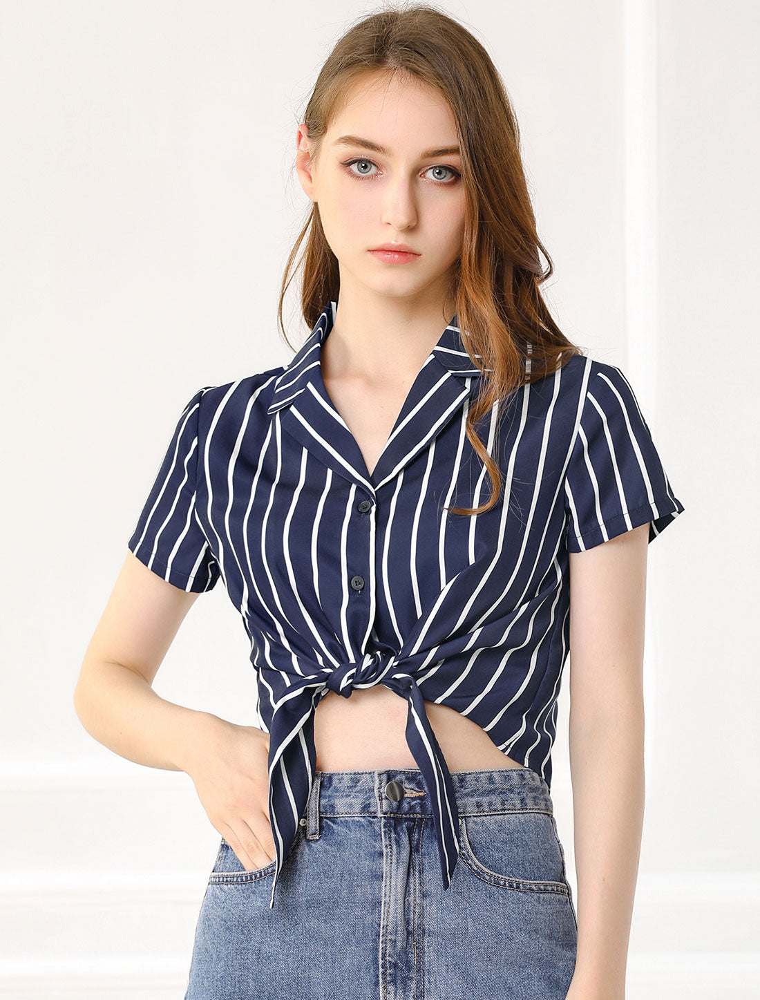 Women's Retro Striped Button Up Short Sleeve Tie Front Crop Shirt