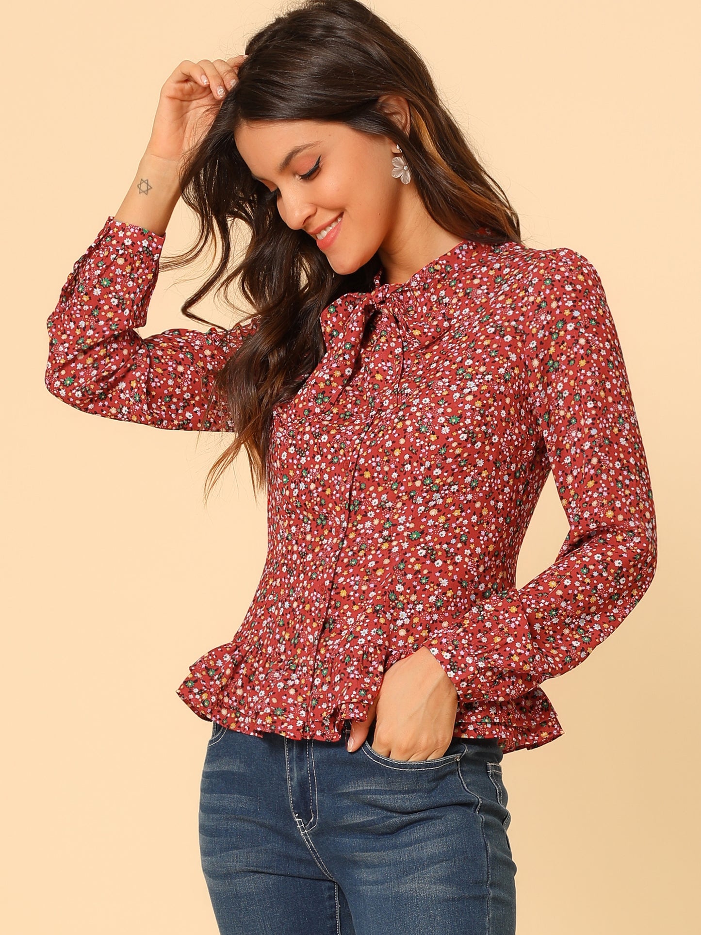 Women's Floral Blouse Bow Tie Neck Ruffle Hem Button Down Shirt