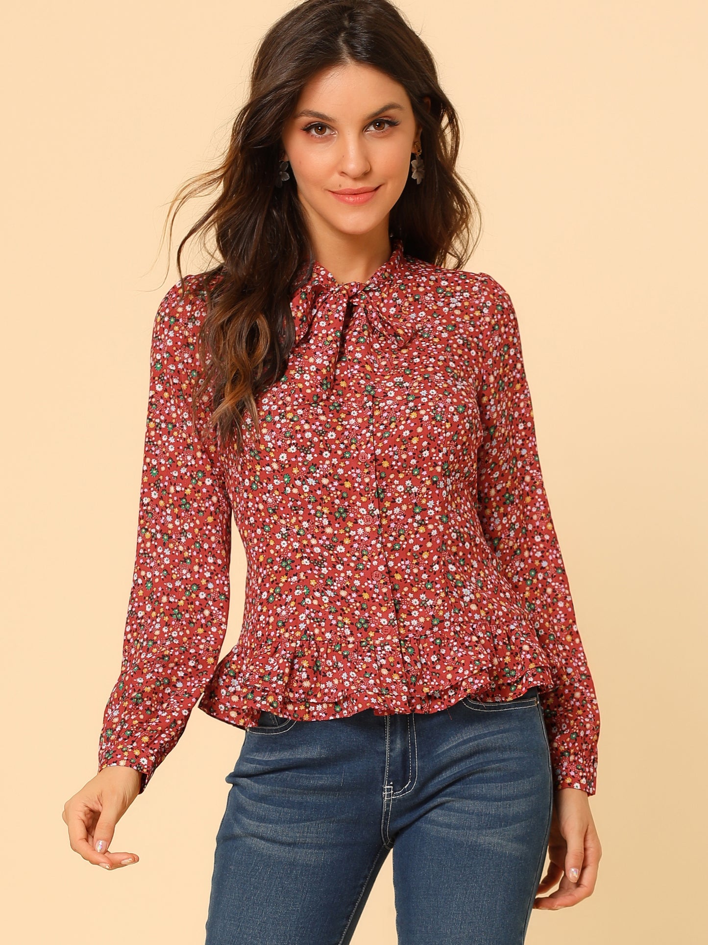Women's Floral Blouse Bow Tie Neck Ruffle Hem Button Down Shirt