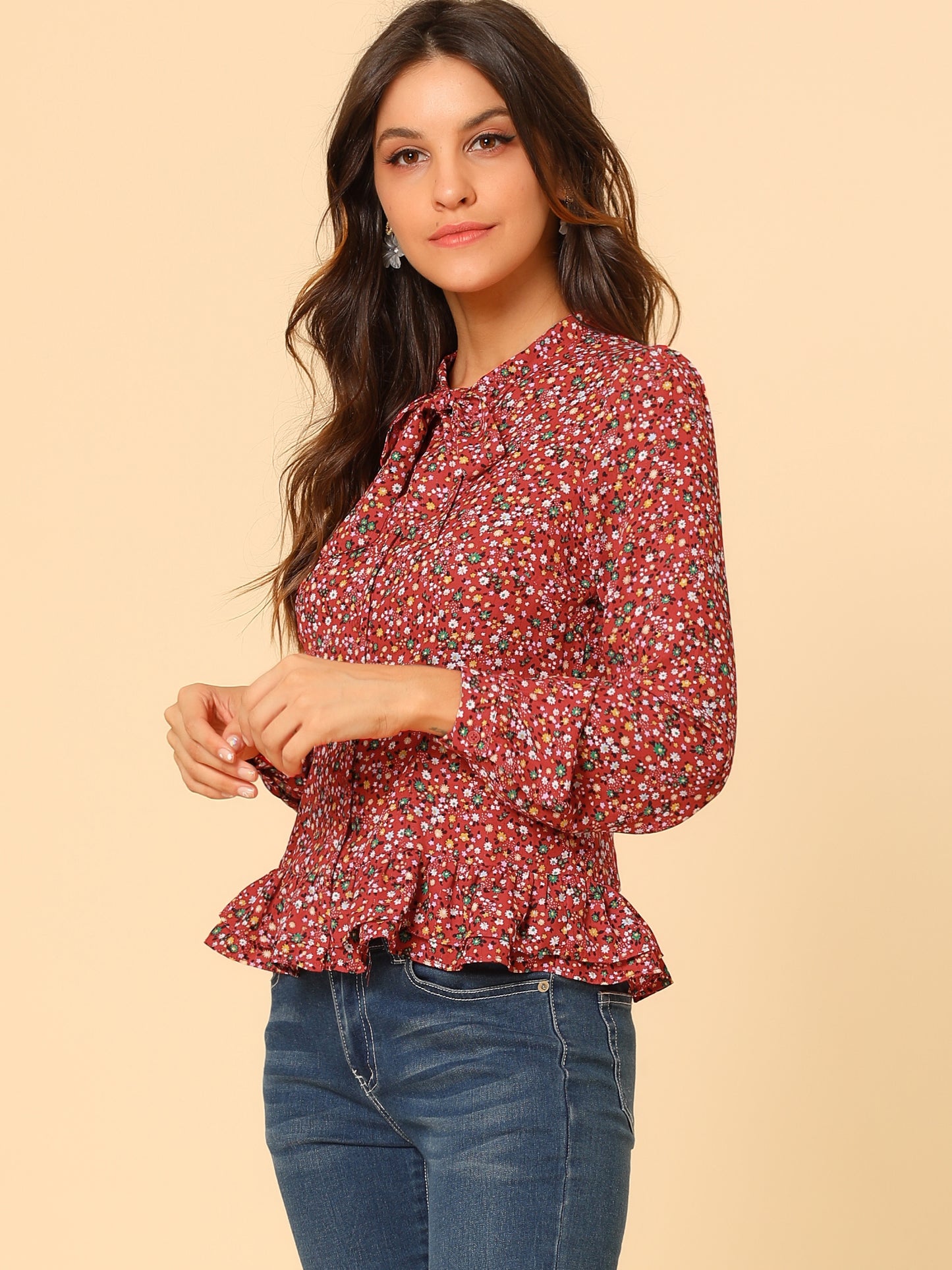 Women's Floral Blouse Bow Tie Neck Ruffle Hem Button Down Shirt