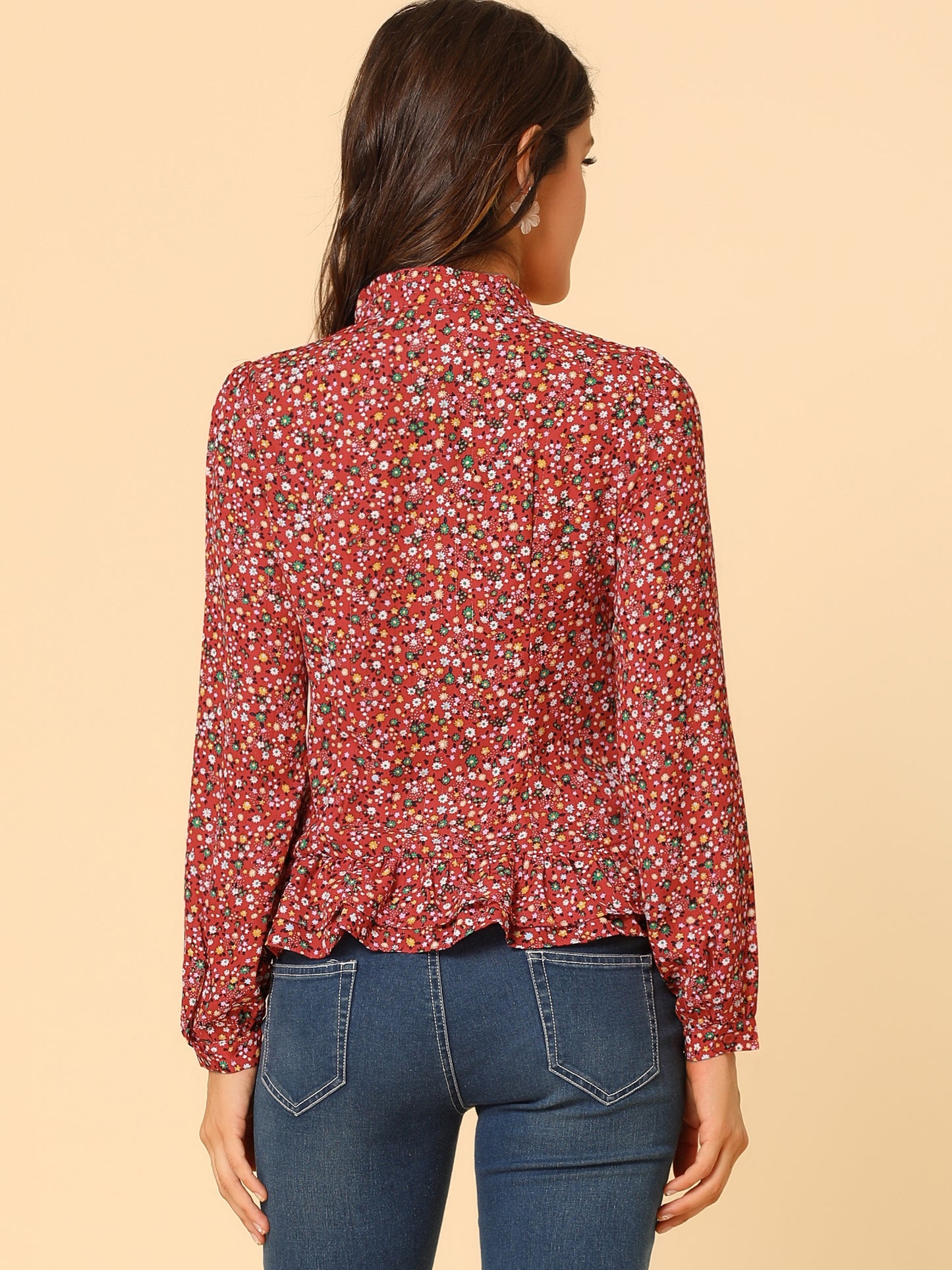 Women's Floral Blouse Bow Tie Neck Ruffle Hem Button Down Shirt
