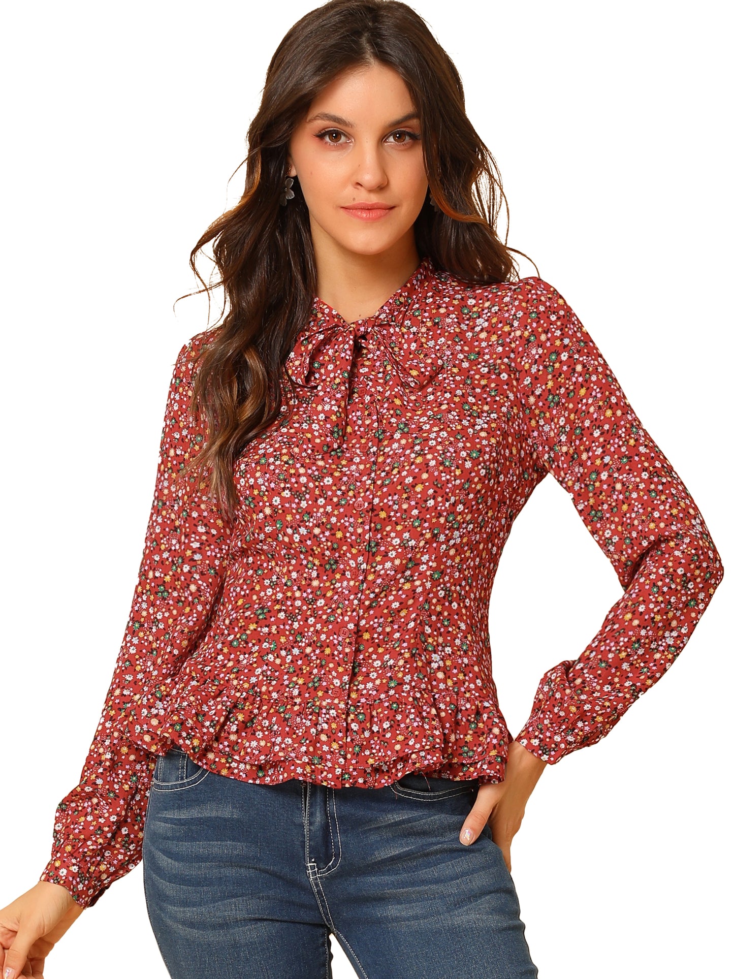 Women's Floral Blouse Bow Tie Neck Ruffle Hem Button Down Shirt