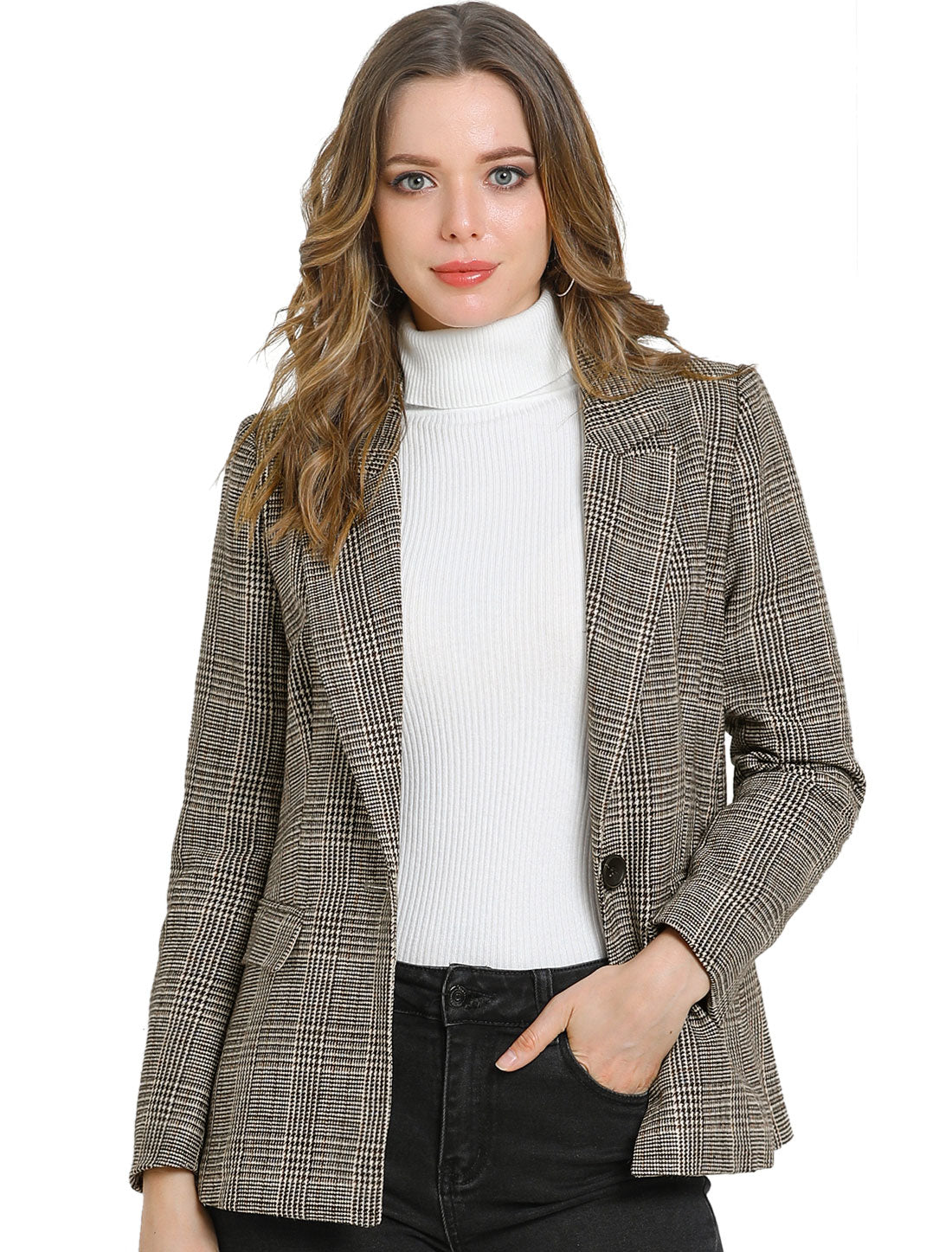 Women's Notched Lapel One Button Plaid Blazer Suit Jacket