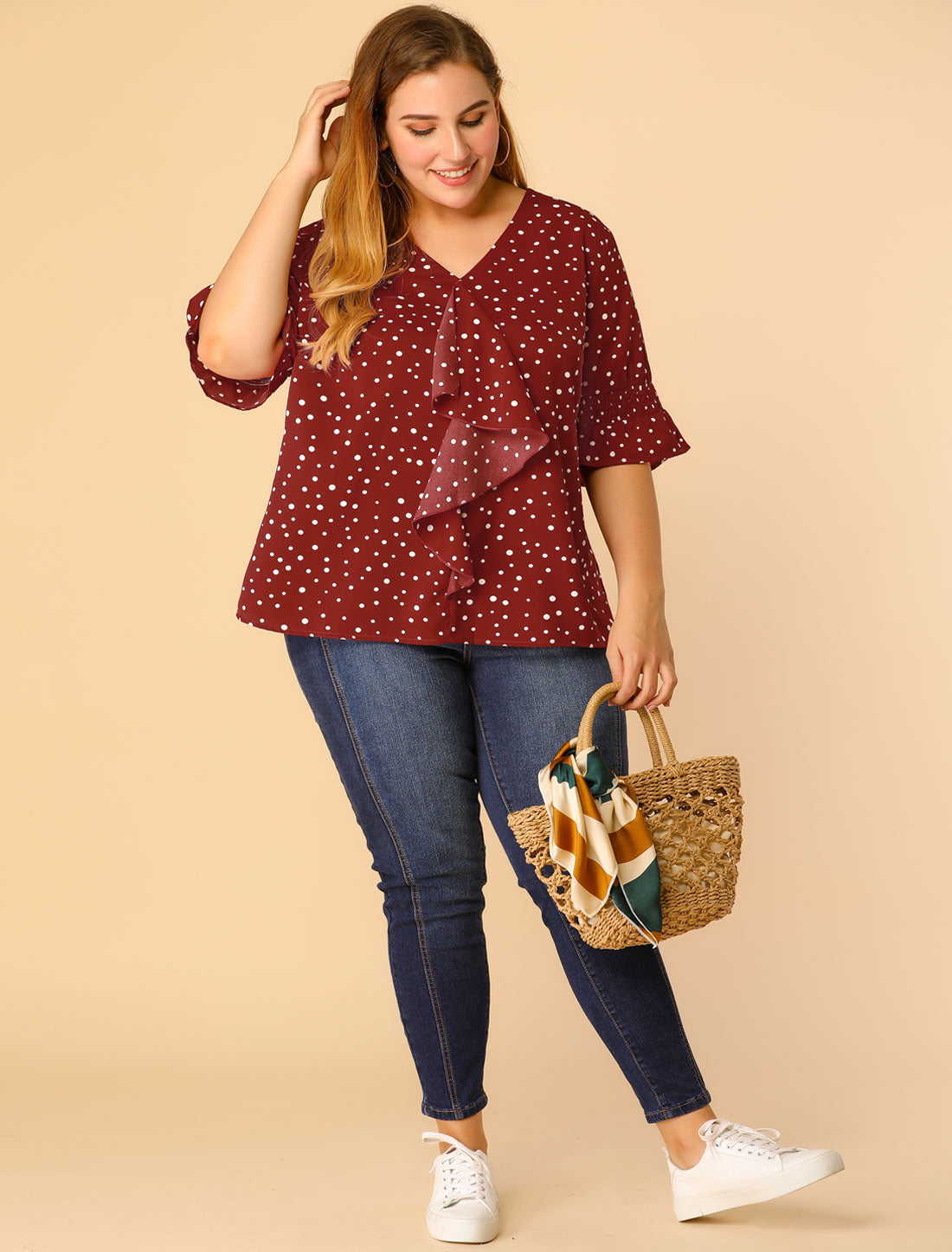 Women's Plus Size Ruffle Blouse V Neck Smocked Sleeves Top