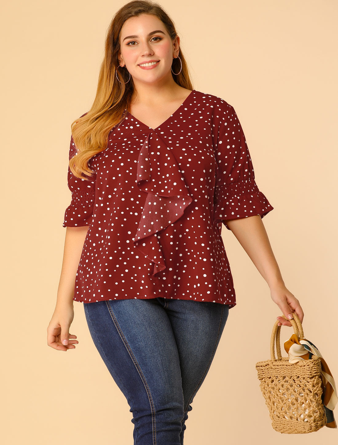 Women's Plus Size Ruffle Blouse V Neck Smocked Sleeves Top
