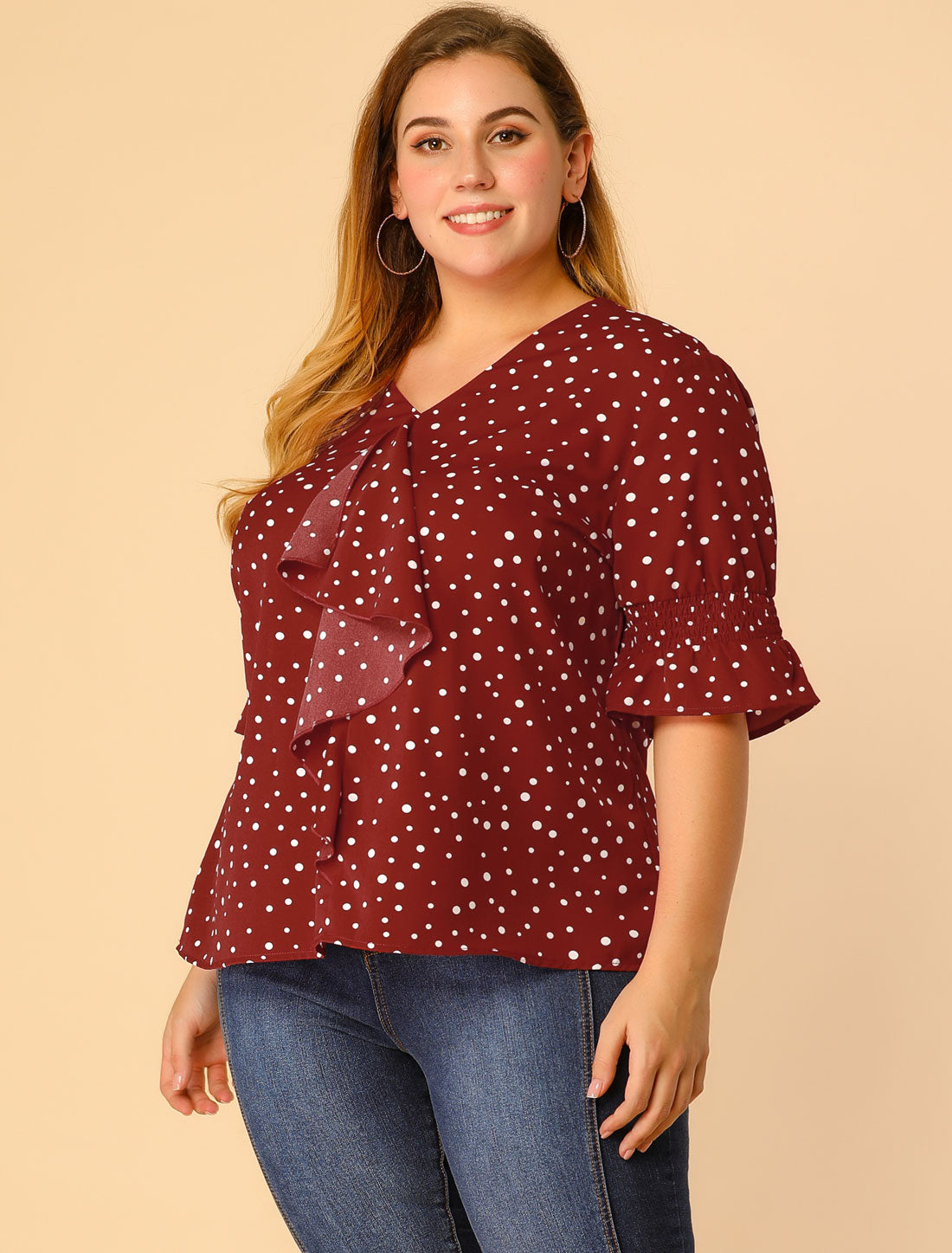 Women's Plus Size Ruffle Blouse V Neck Smocked Sleeves Top