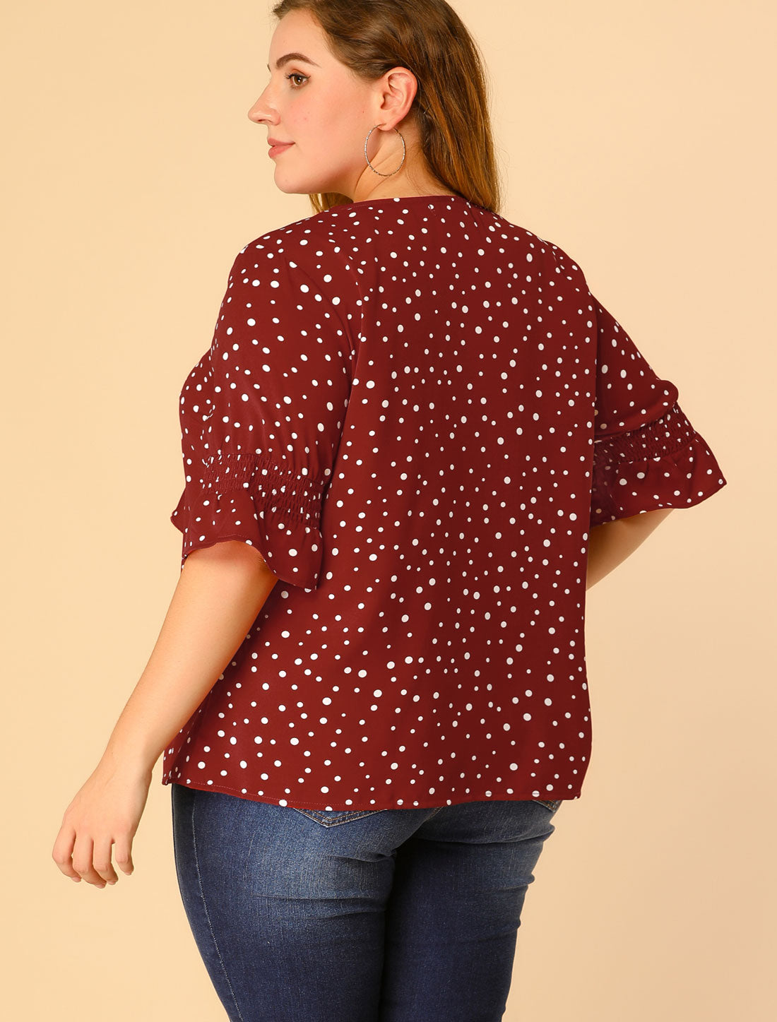 Women's Plus Size Ruffle Blouse V Neck Smocked Sleeves Top