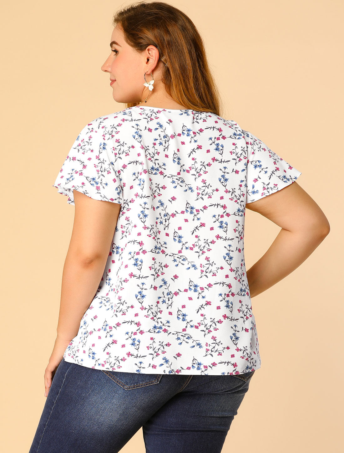 Women's Plus Size Blouses Summer Ruffle Short Sleeve Shirts Keyhole Chiffon Top