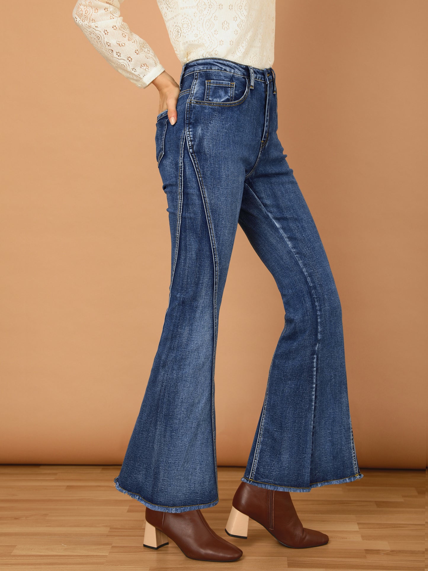 Vaqueros acampanados vintage de los años 70 para mujer, de cintura alta, elásticos, de mezclilla, pantalones de campana