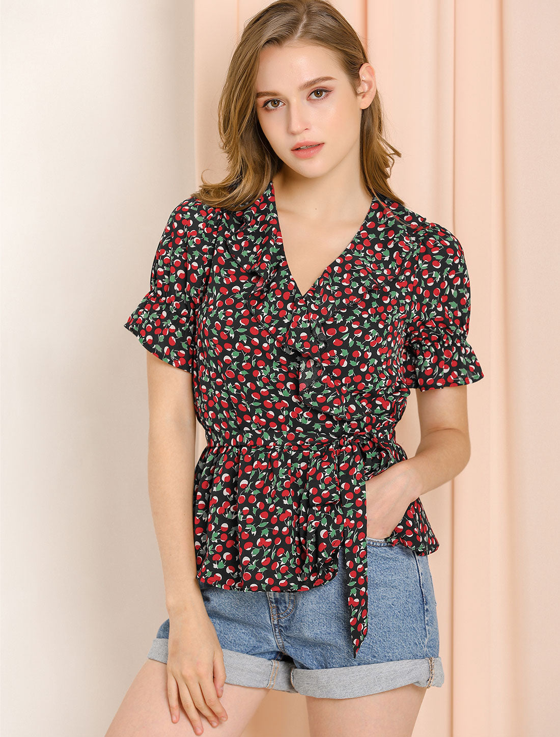 Women's Peplum Top Crossover V Neck Ruffle Wrap Blouse
