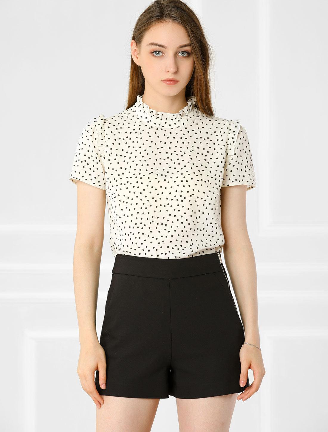 Women's Ruffled Retro Short Sleeve Polka Dots Blouse