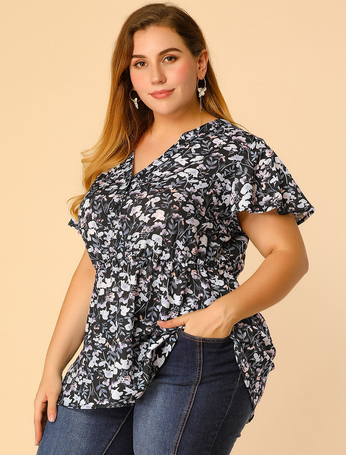 Women's Plus Size Floral Tops Elastic Waist Lightweight Chiffon Blouses Summer Top